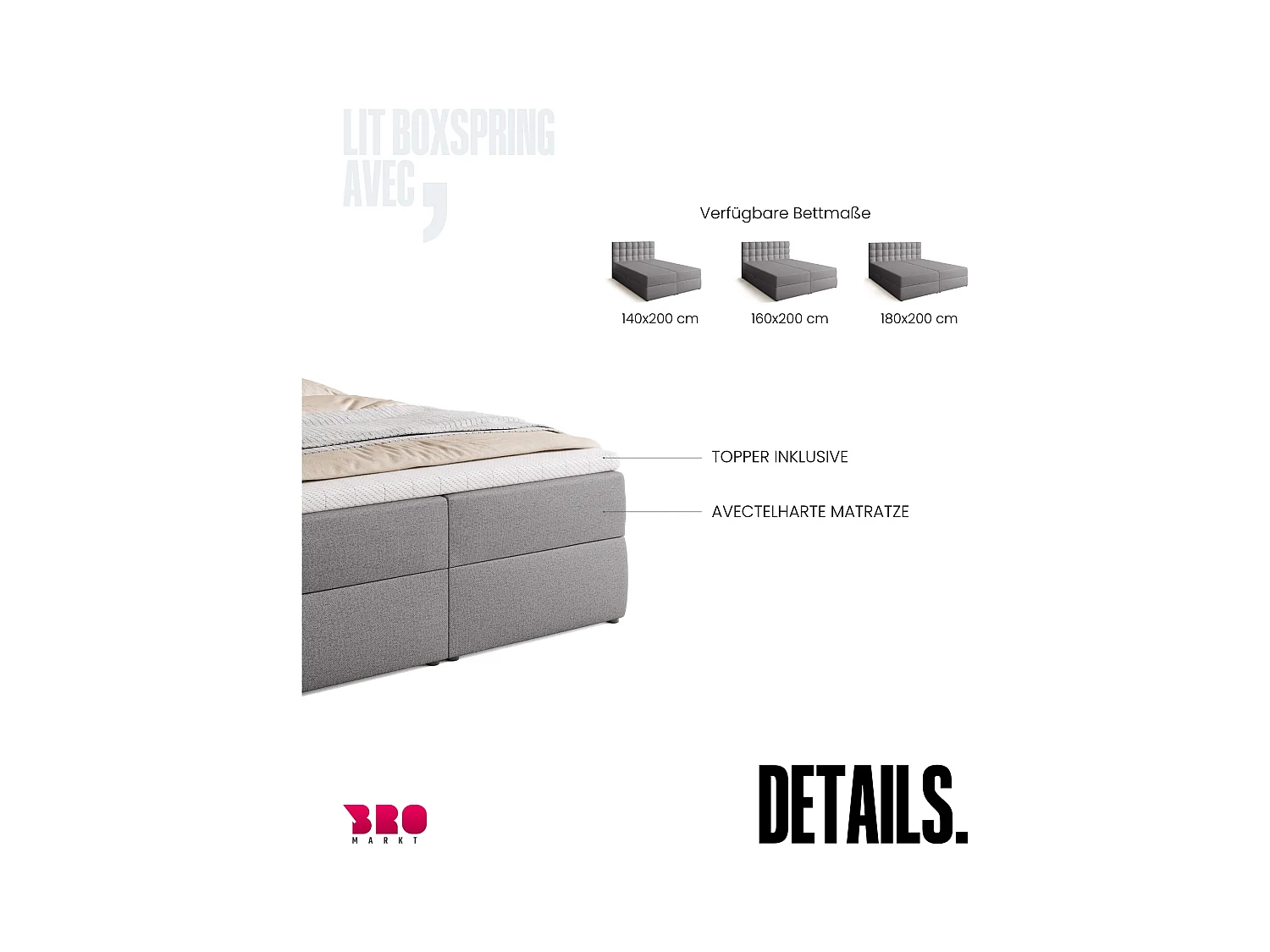 Boxspringbed met hoofdeinde, matras en dekmatras - DETROIT - 140x200 - grijs
