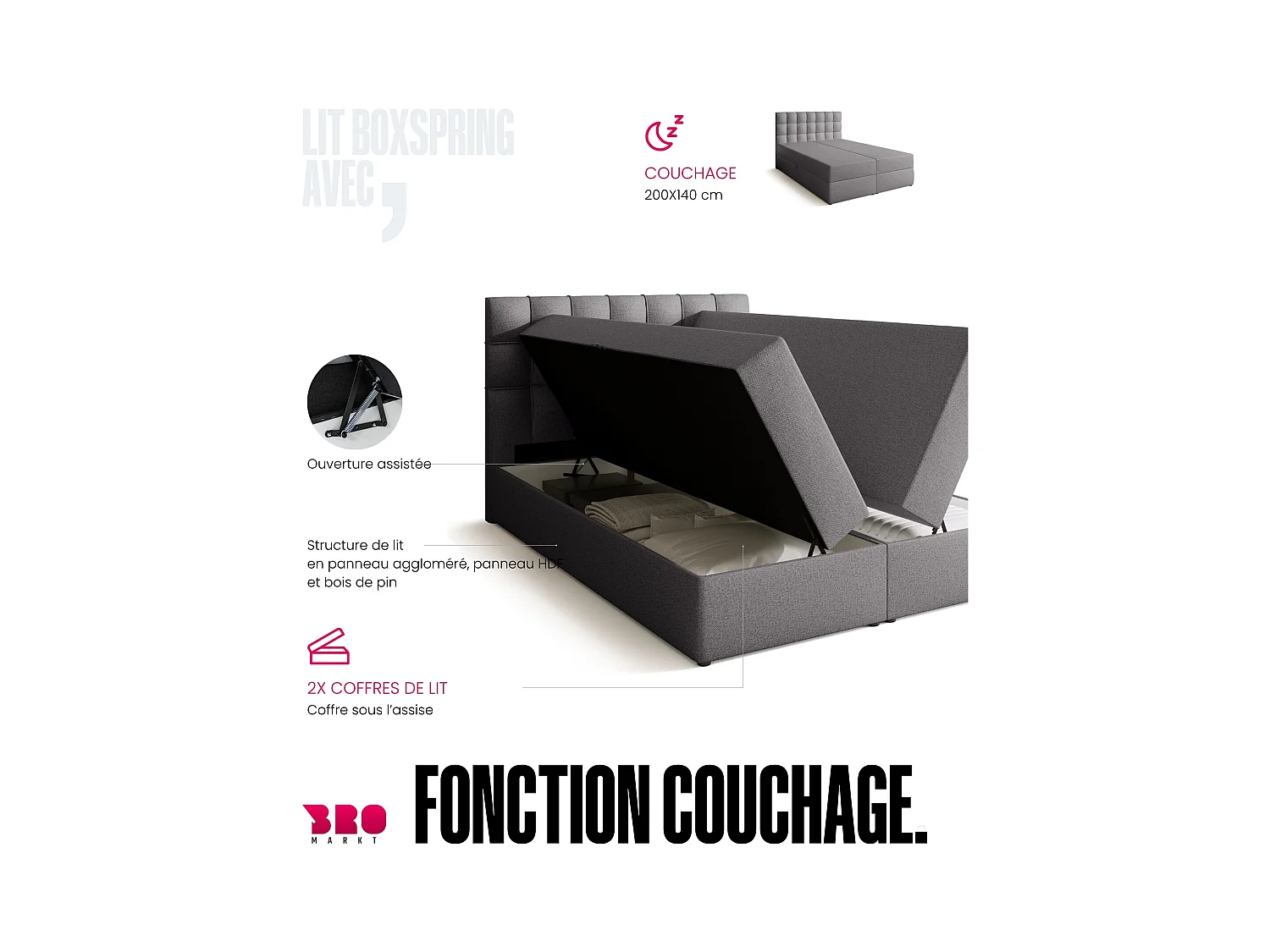 Boxspringbed met hoofdeinde, matras en dekmatras - DETROIT - 140x200 - grijs