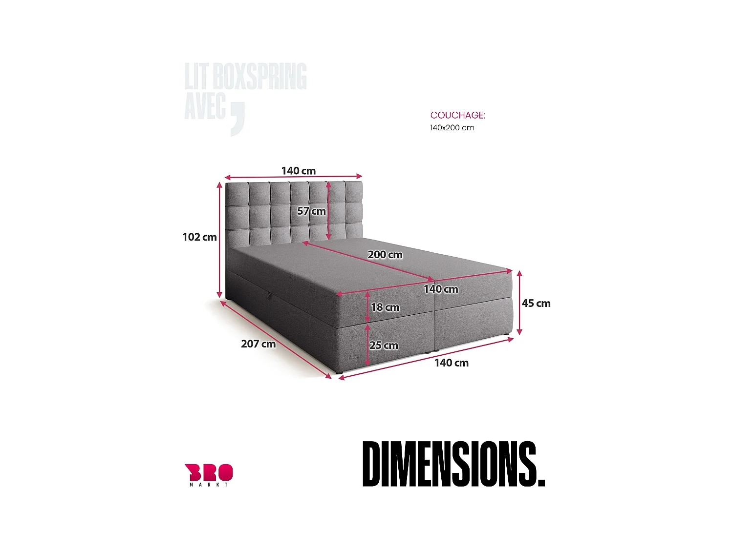 Boxspringbed met hoofdeinde, matras en dekmatras - DETROIT - 140x200 - grijs