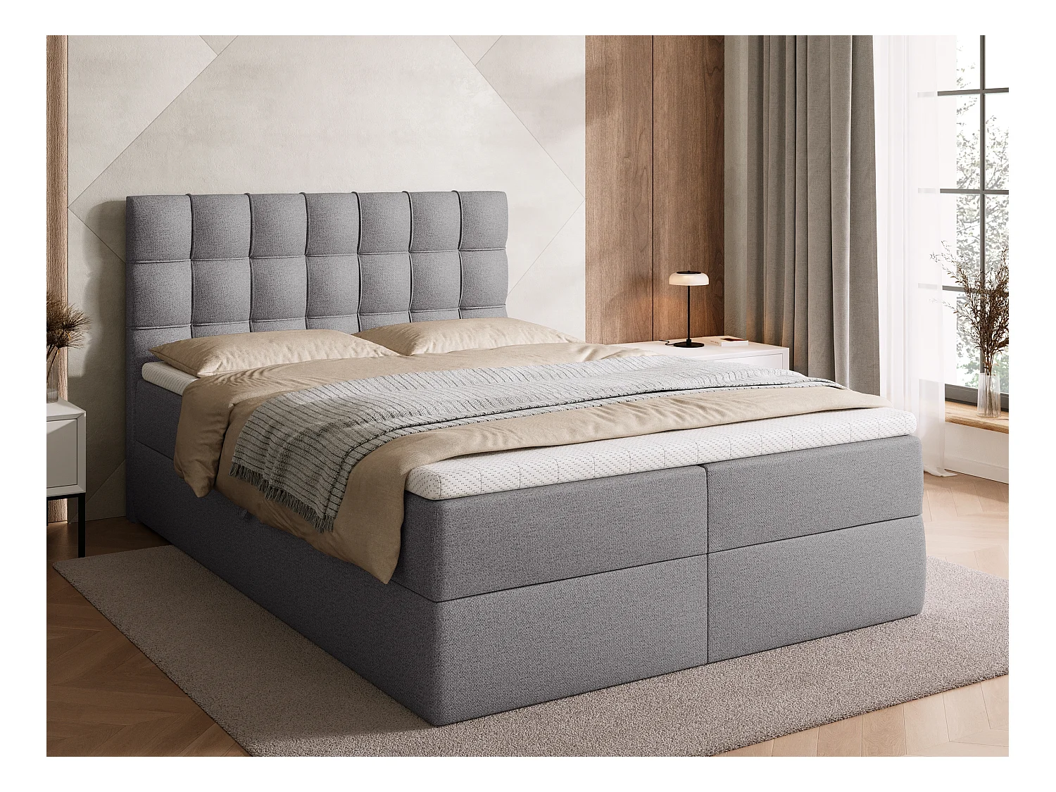 Lit boxspring avec rangement DETROIT - matelas - surmatelas - gris - 140x200 cm