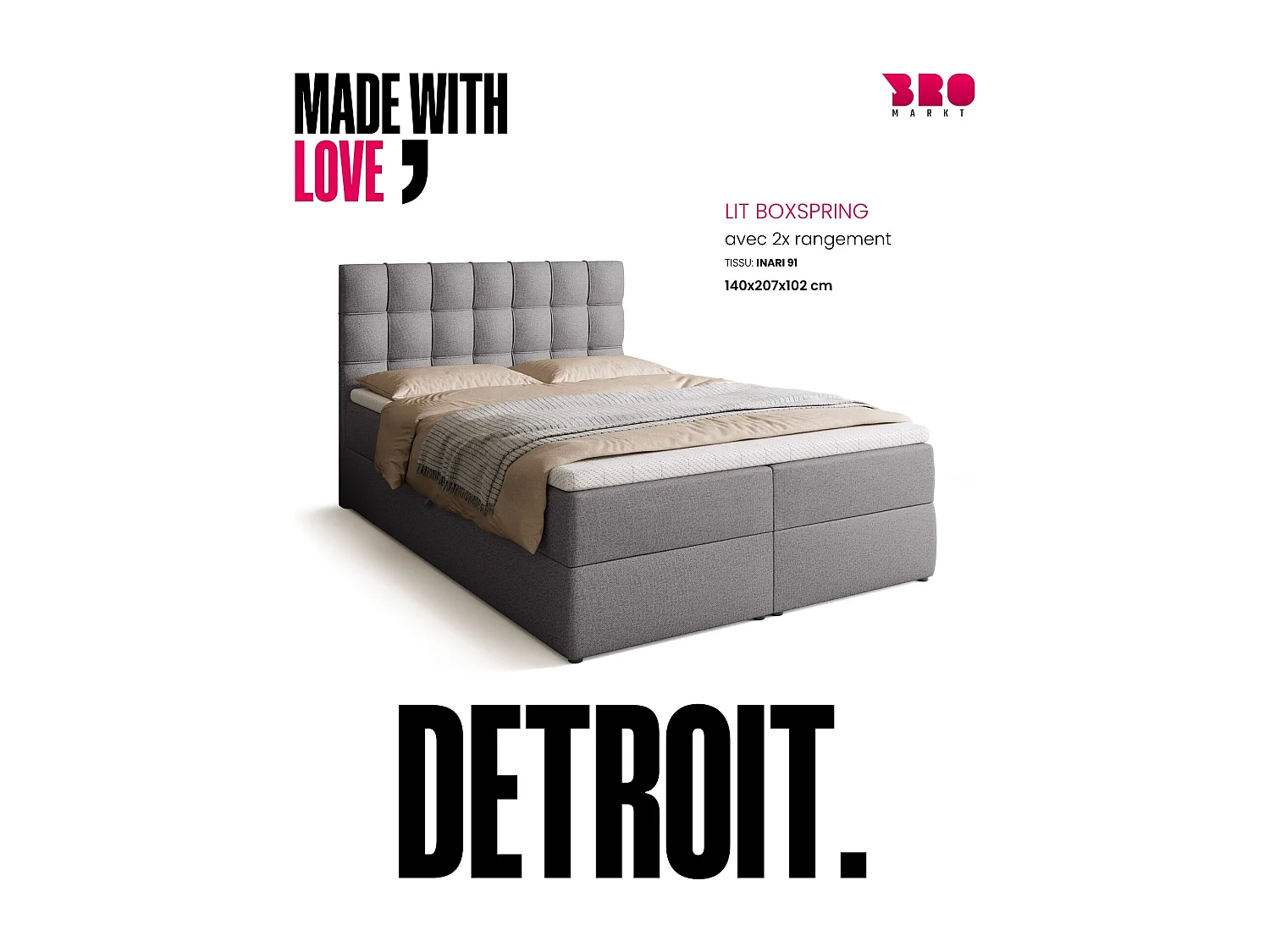 Lit boxspring avec rangement DETROIT - matelas - surmatelas - gris - 140x200 cm