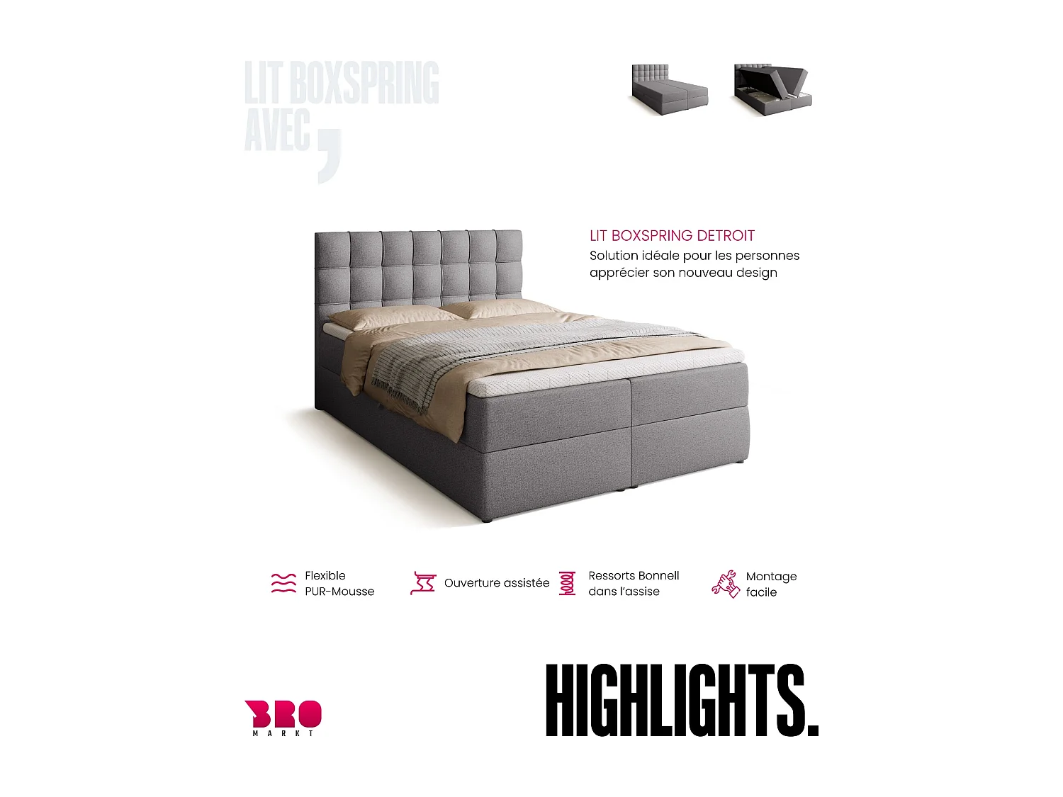 Lit boxspring avec rangement DETROIT - matelas - surmatelas - gris - 140x200 cm