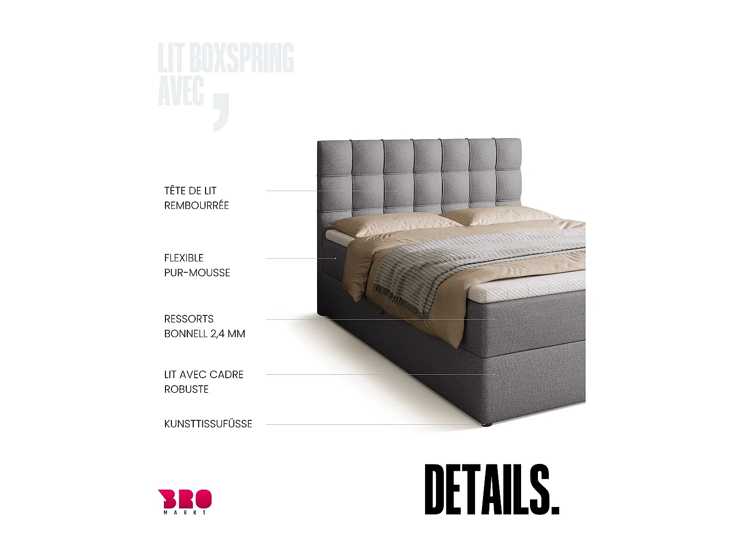 Lit boxspring avec rangement DETROIT - matelas - surmatelas - gris - 140x200 cm