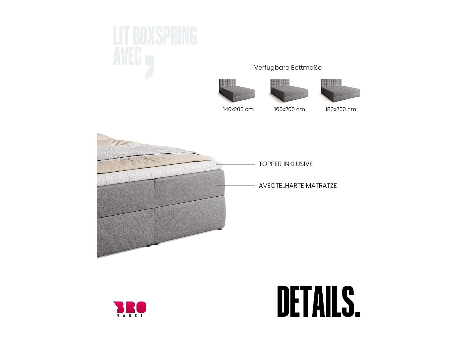 Lit boxspring avec rangement DETROIT - matelas - surmatelas - gris - 140x200 cm