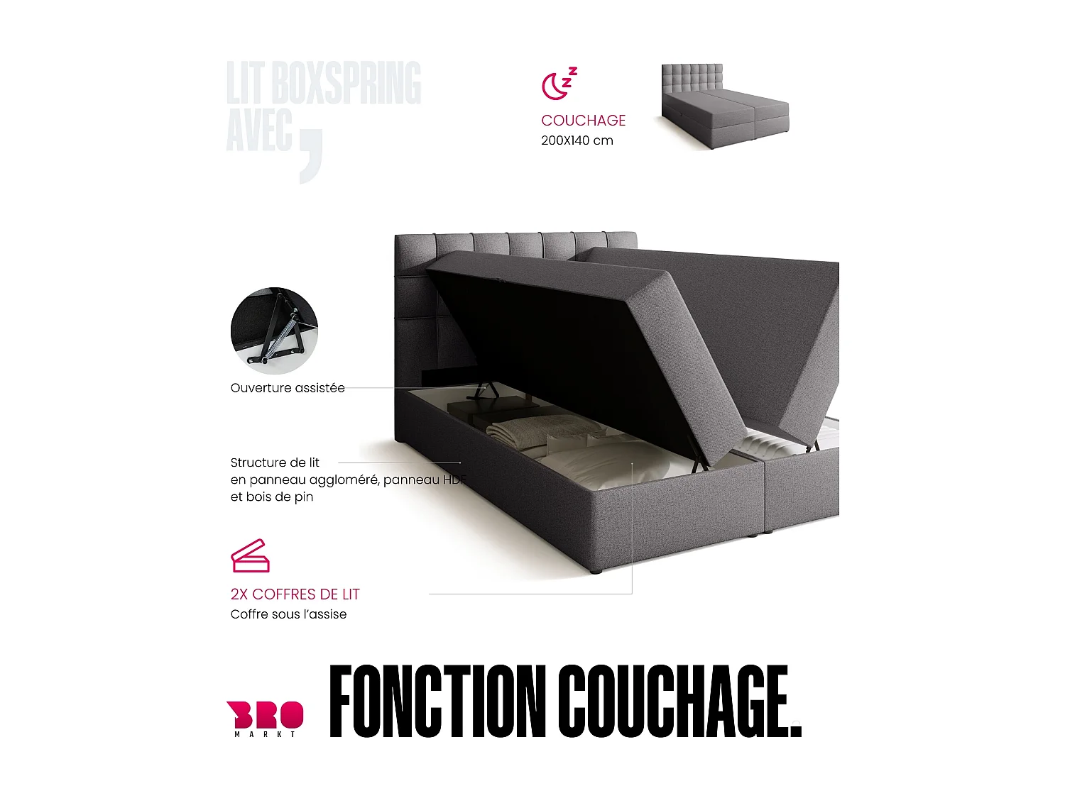 Lit boxspring avec rangement DETROIT - matelas - surmatelas - gris - 140x200 cm