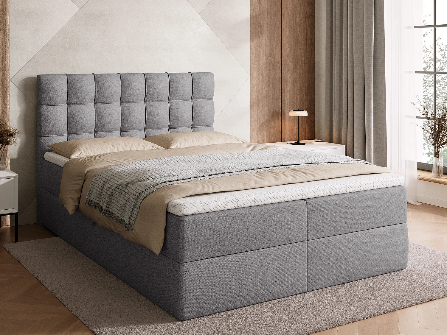 Lit boxspring avec rangement DETROIT - matelas - surmatelas - gris - 140x200 cm