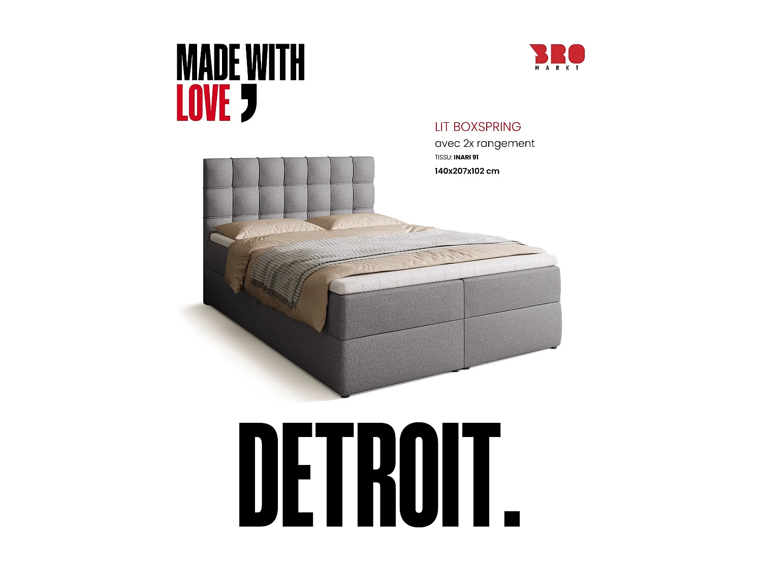 Lit boxspring avec rangement DETROIT - matelas - surmatelas - gris - 140x200 cm