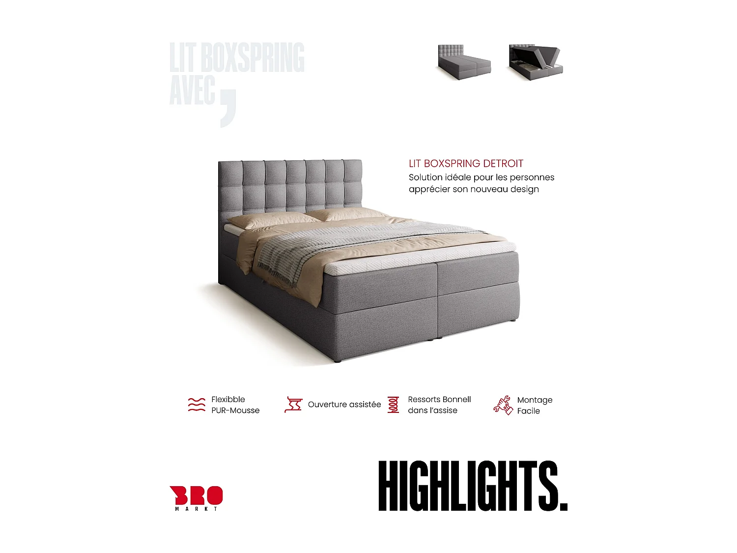 Lit boxspring avec rangement DETROIT - matelas - surmatelas - gris - 140x200 cm