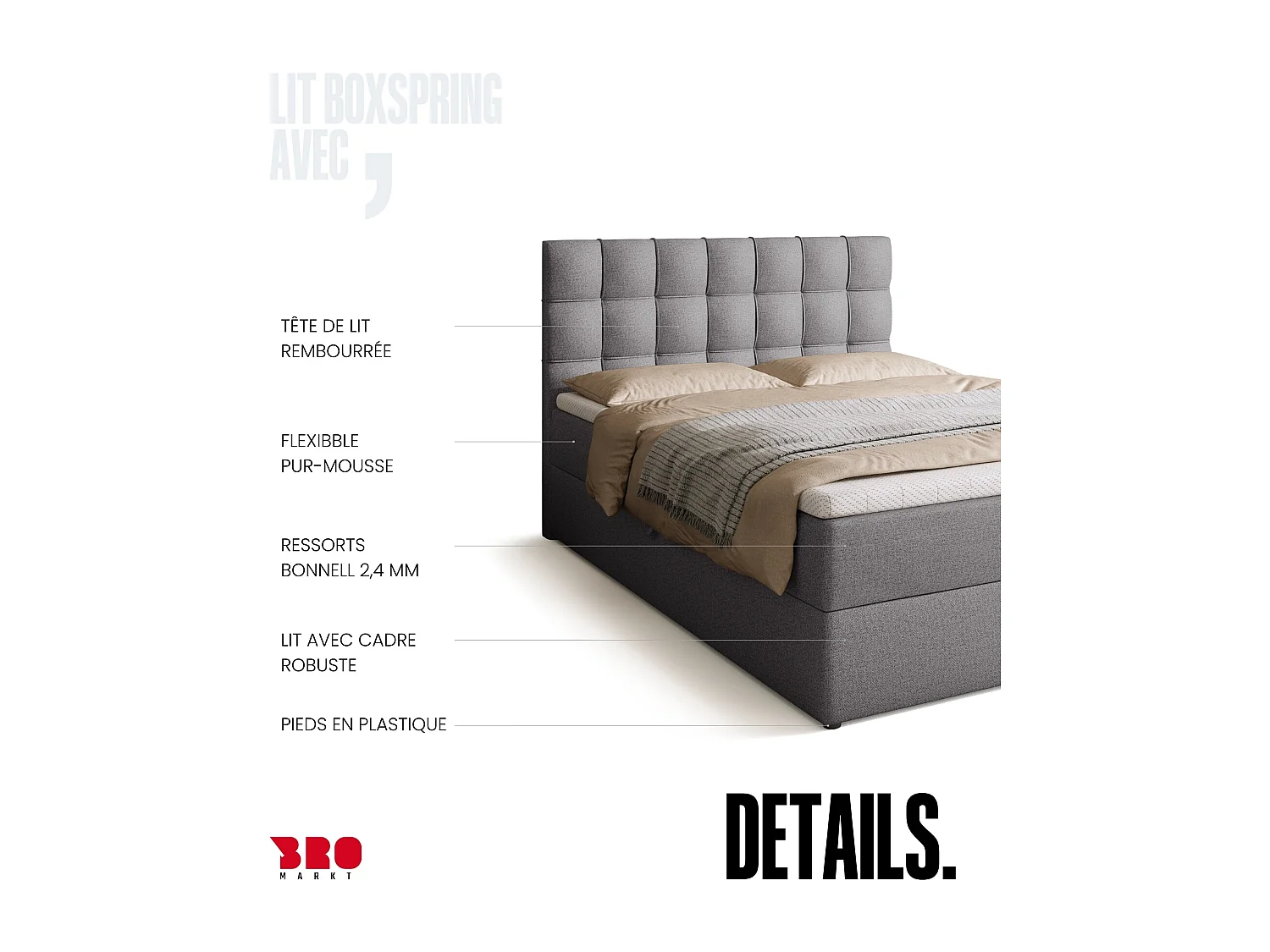 Lit boxspring avec rangement DETROIT - matelas - surmatelas - gris - 140x200 cm