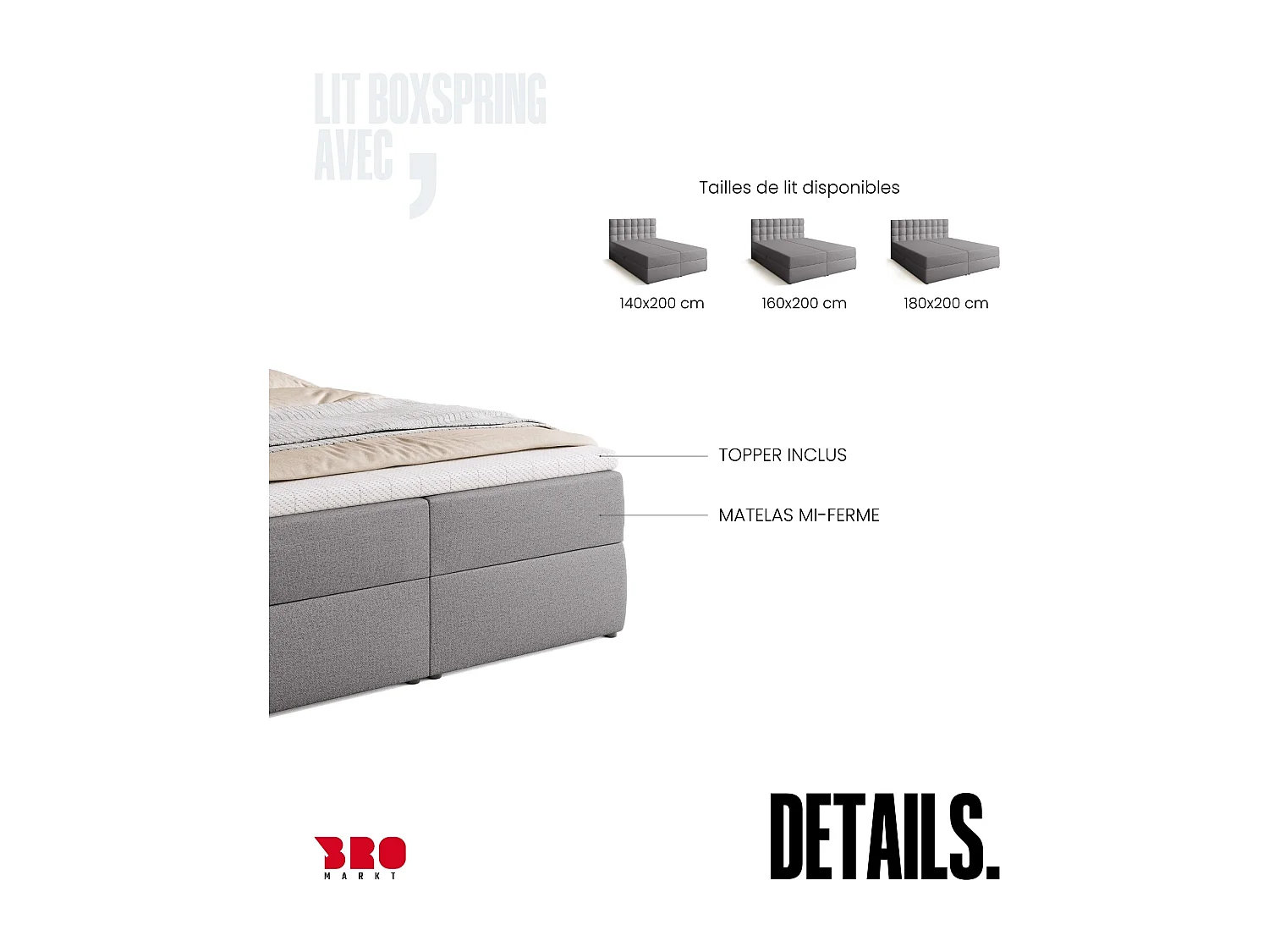 Lit boxspring avec rangement DETROIT - matelas - surmatelas - gris - 140x200 cm