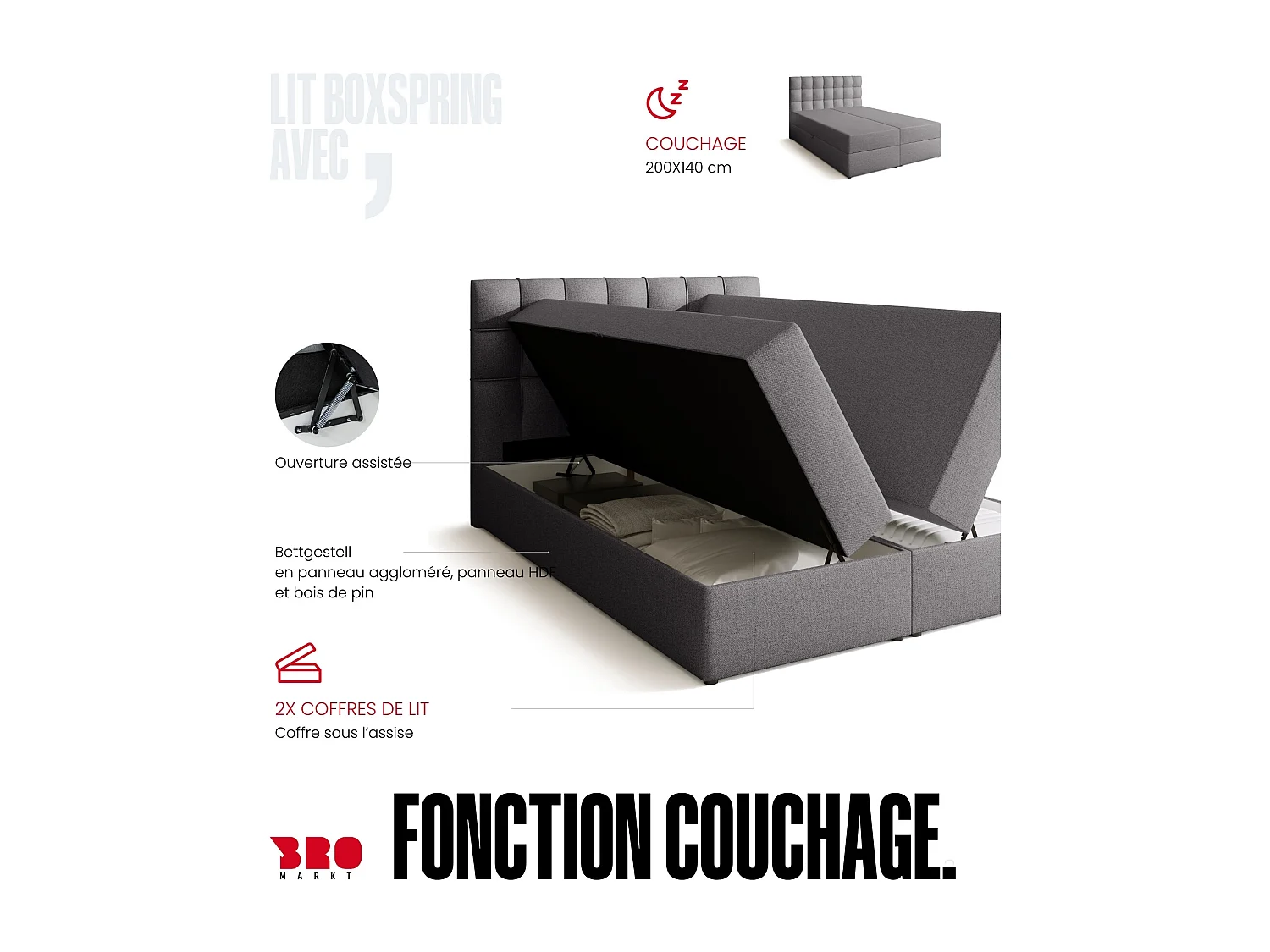 Lit boxspring avec rangement DETROIT - matelas - surmatelas - gris - 140x200 cm