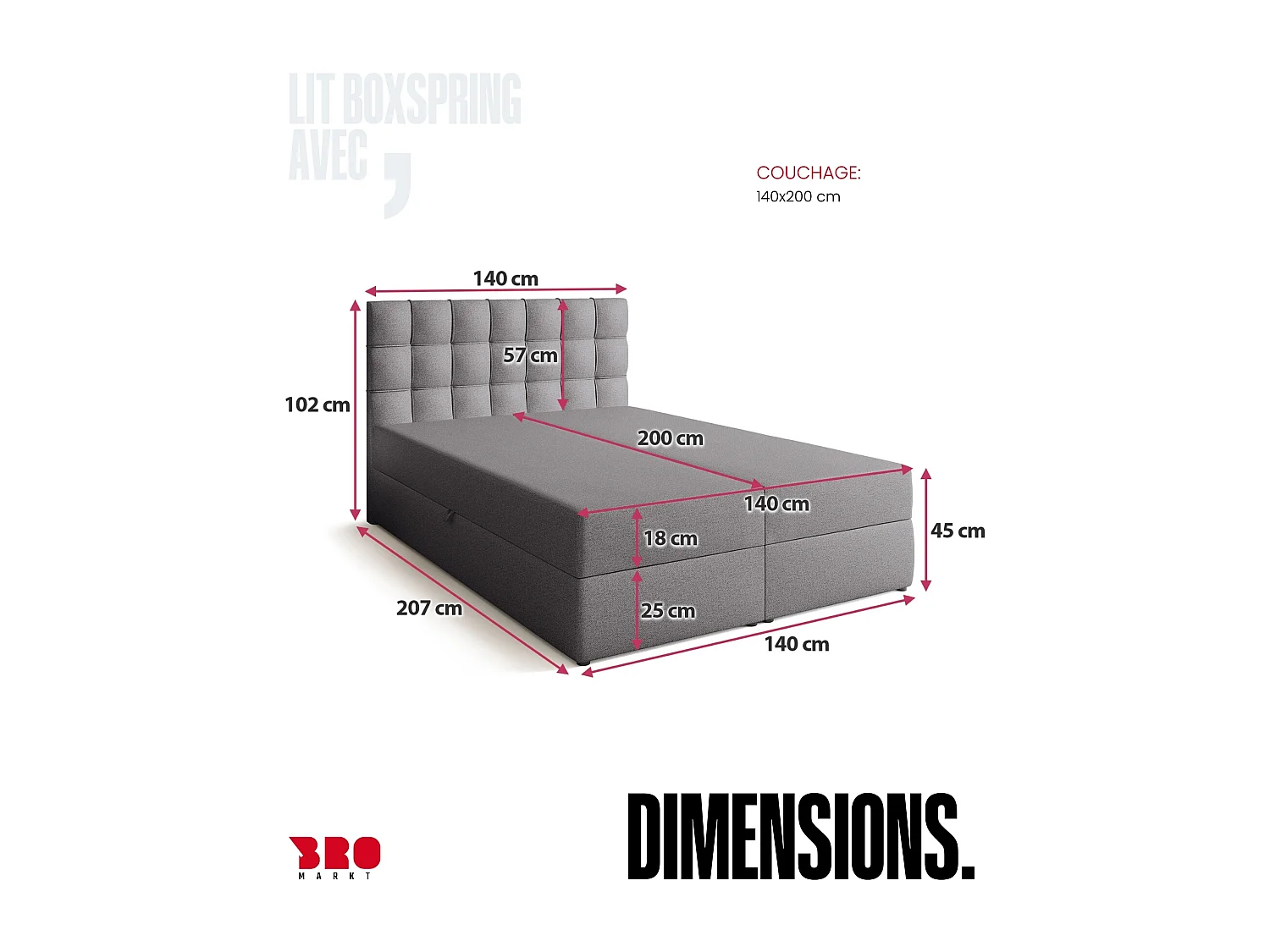 Lit boxspring avec rangement DETROIT - matelas - surmatelas - gris - 140x200 cm