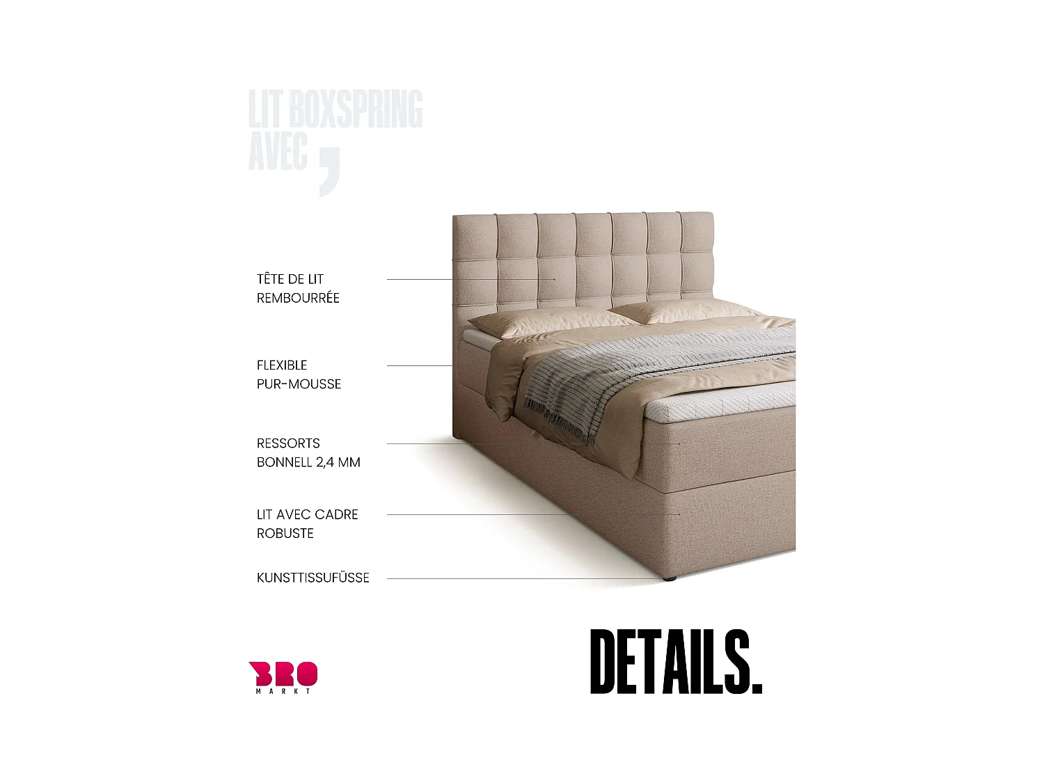Boxspringbed met hoofdeinde, matras en dekmatras - DETROIT - 140x200 - beige