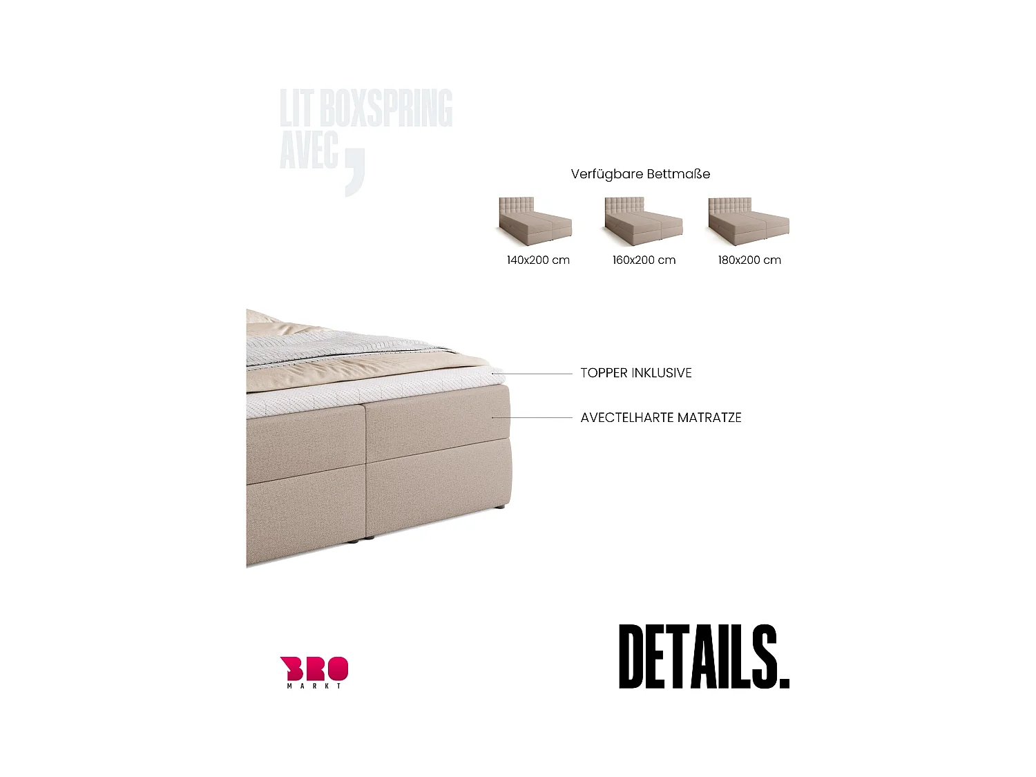 Boxspringbed met hoofdeinde, matras en dekmatras - DETROIT - 140x200 - beige