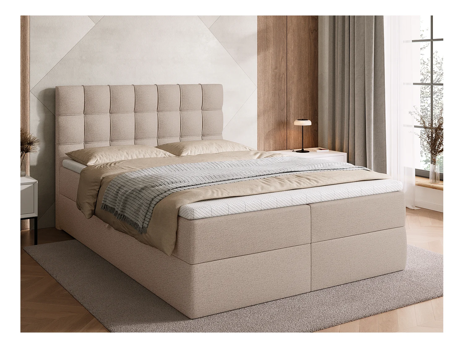 Lit boxspring avec rangement DETROIT - matelas - surmatelas - beige - 140x200 cm