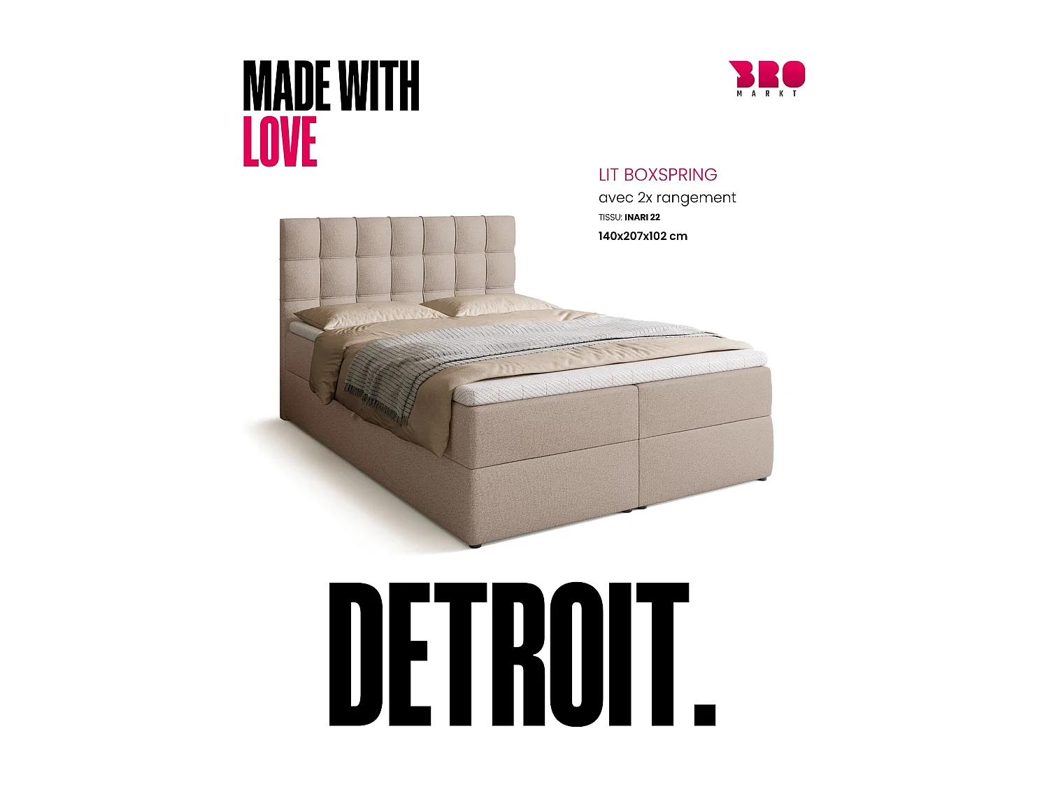 Lit boxspring avec rangement DETROIT - matelas - surmatelas - beige - 140x200 cm