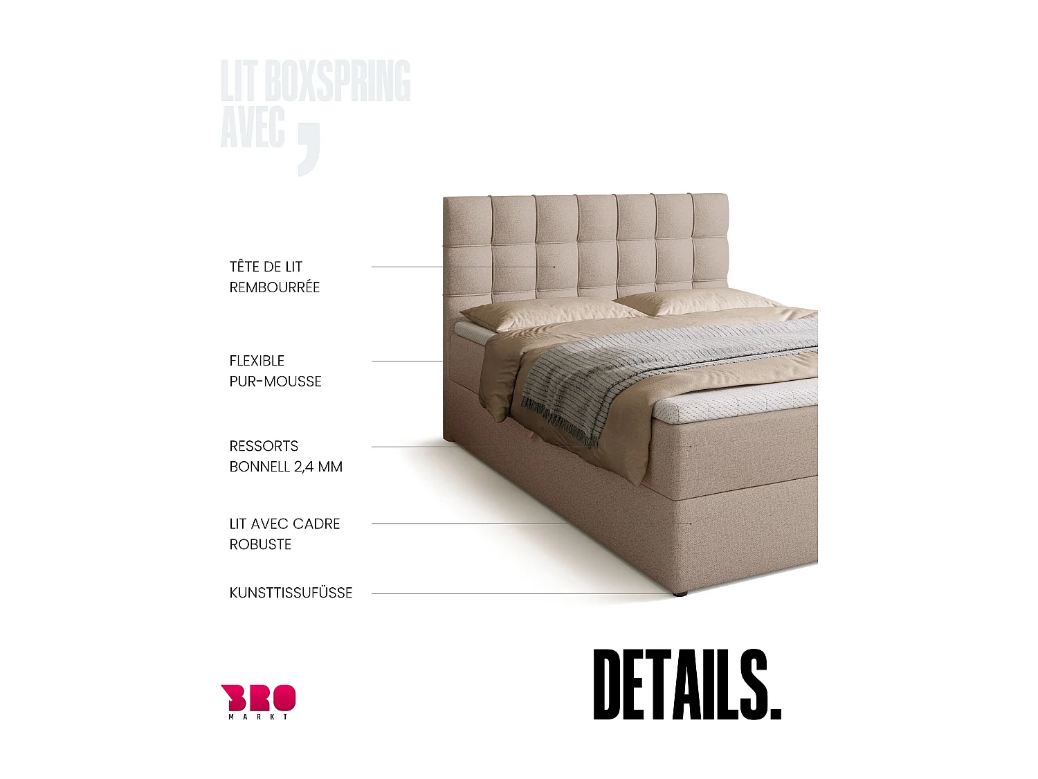 Lit boxspring avec rangement DETROIT - matelas - surmatelas - beige - 140x200 cm