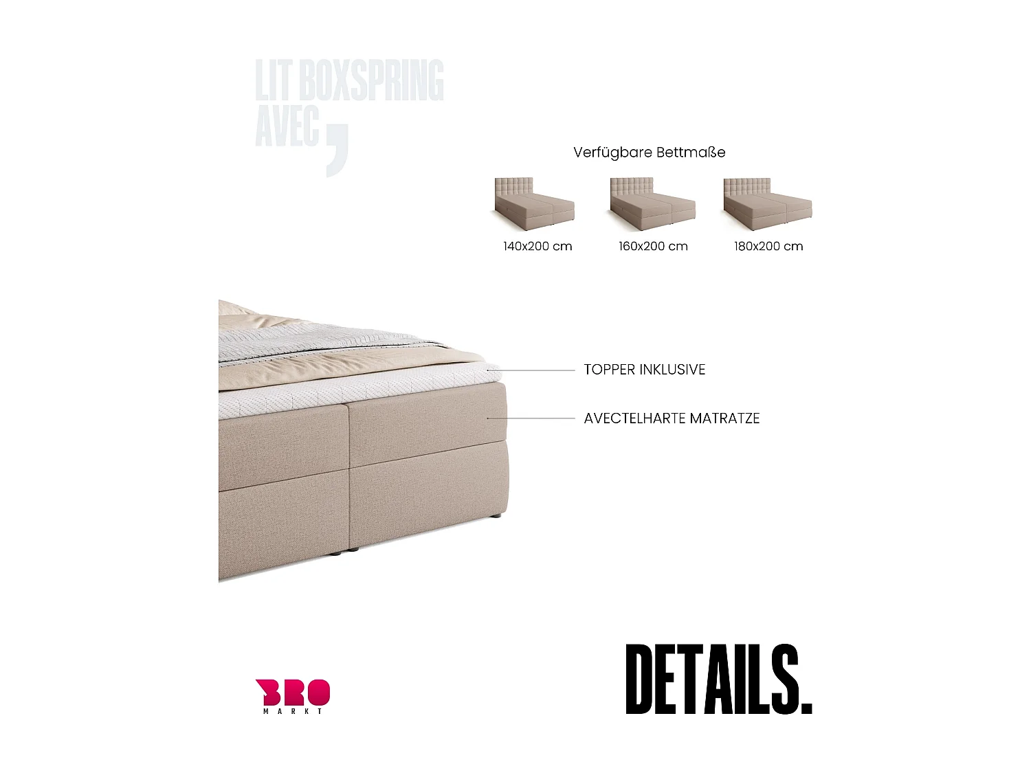 Lit boxspring avec rangement DETROIT - matelas - surmatelas - beige - 140x200 cm