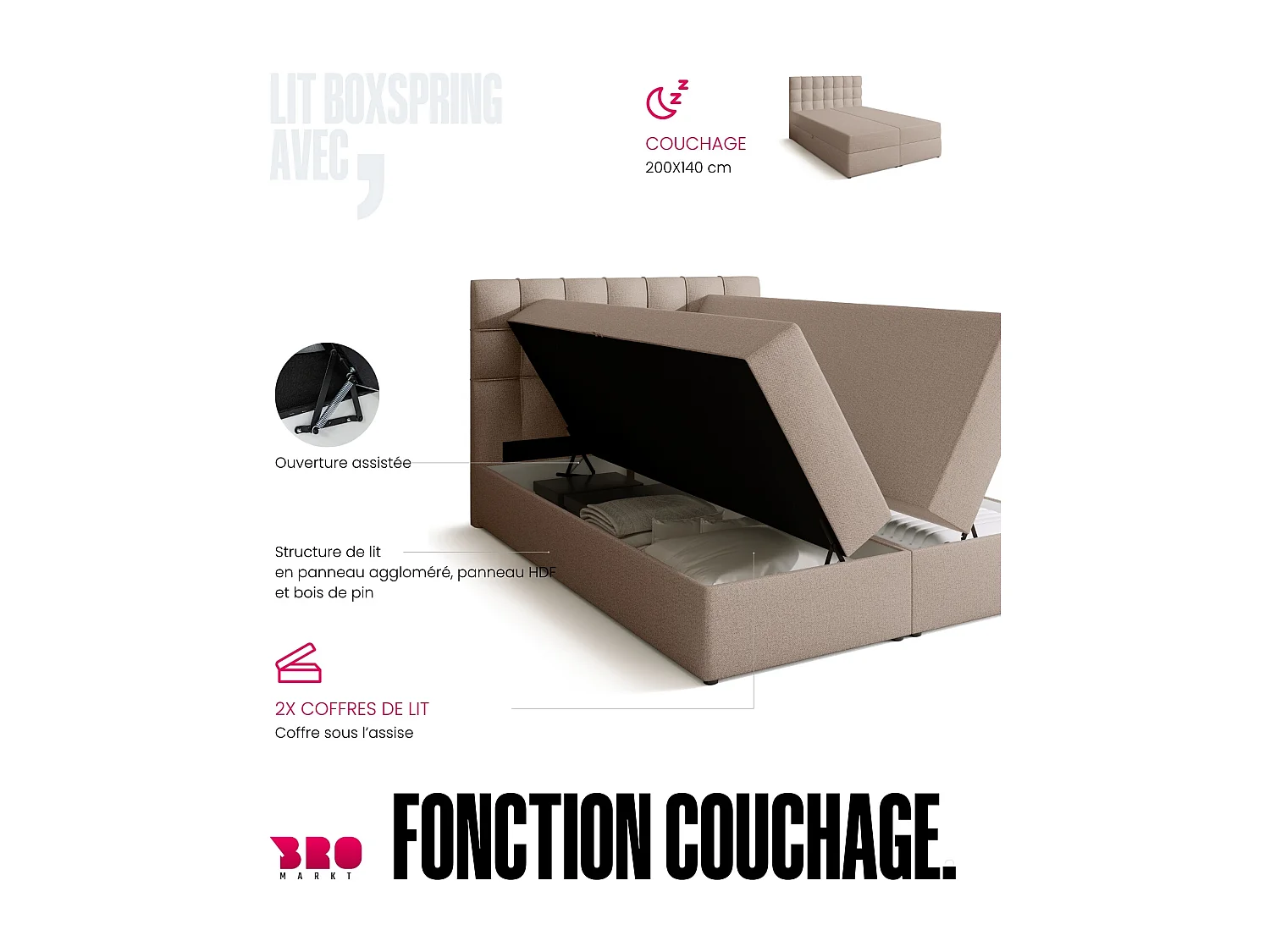 Lit boxspring avec rangement DETROIT - matelas - surmatelas - beige - 140x200 cm