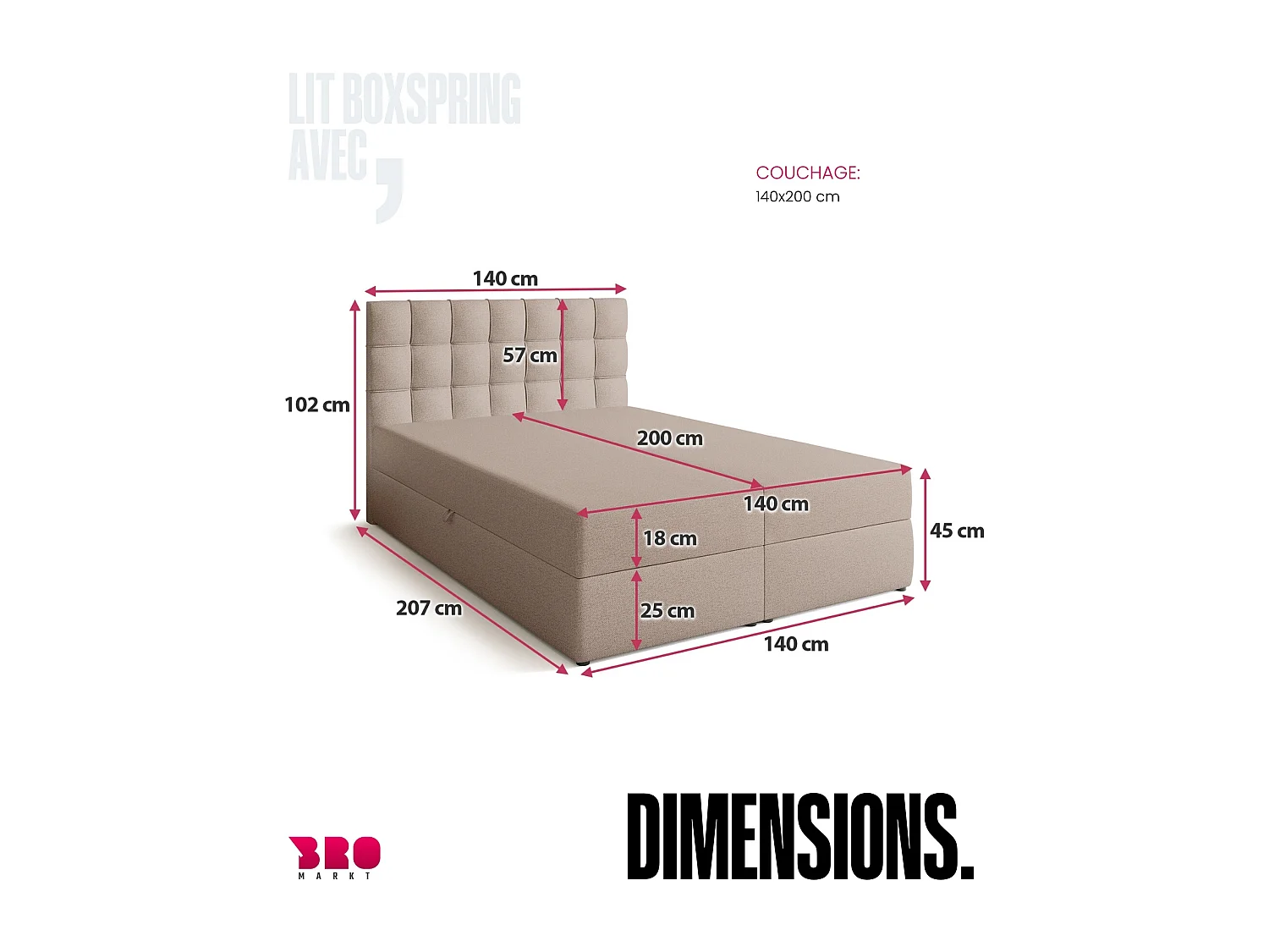 Lit boxspring avec rangement DETROIT - matelas - surmatelas - beige - 140x200 cm