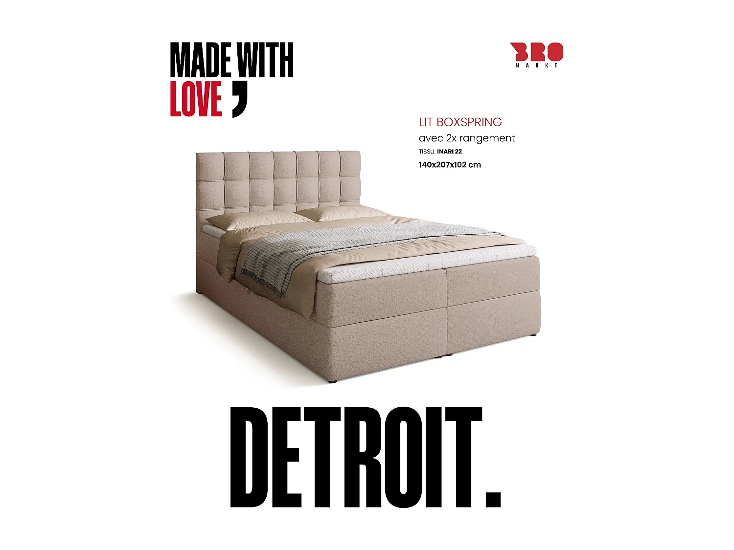 Lit boxspring avec rangement DETROIT - matelas - surmatelas - beige - 140x200 cm
