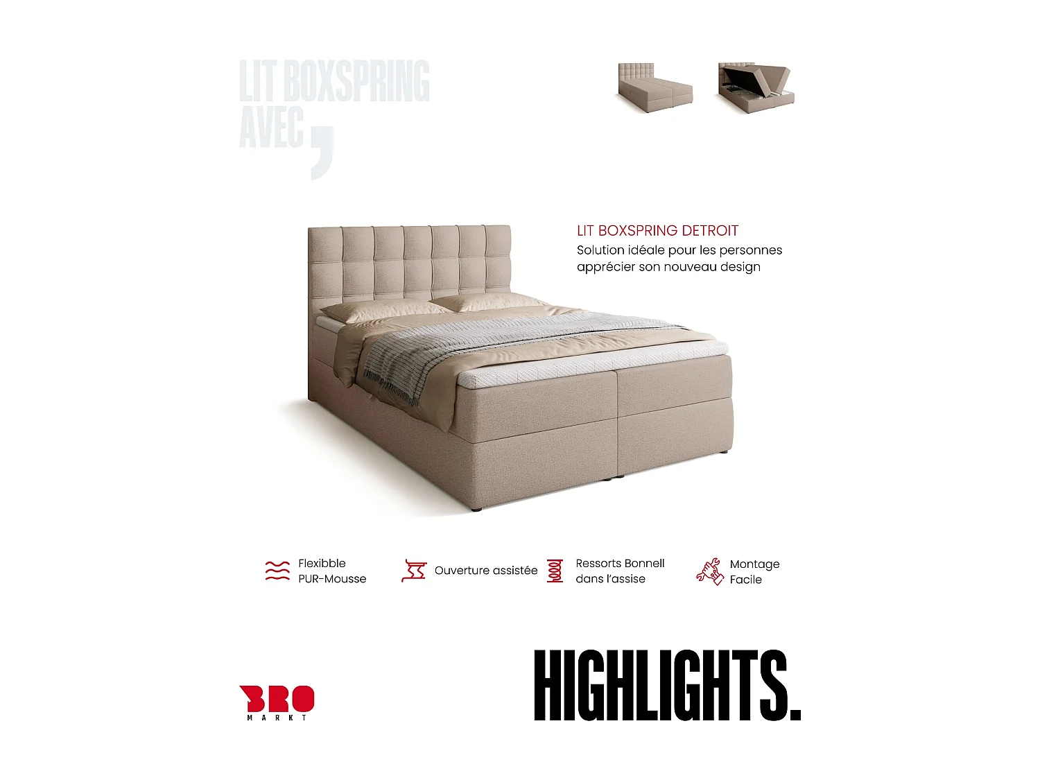 Lit boxspring avec rangement DETROIT - matelas - surmatelas - beige - 140x200 cm