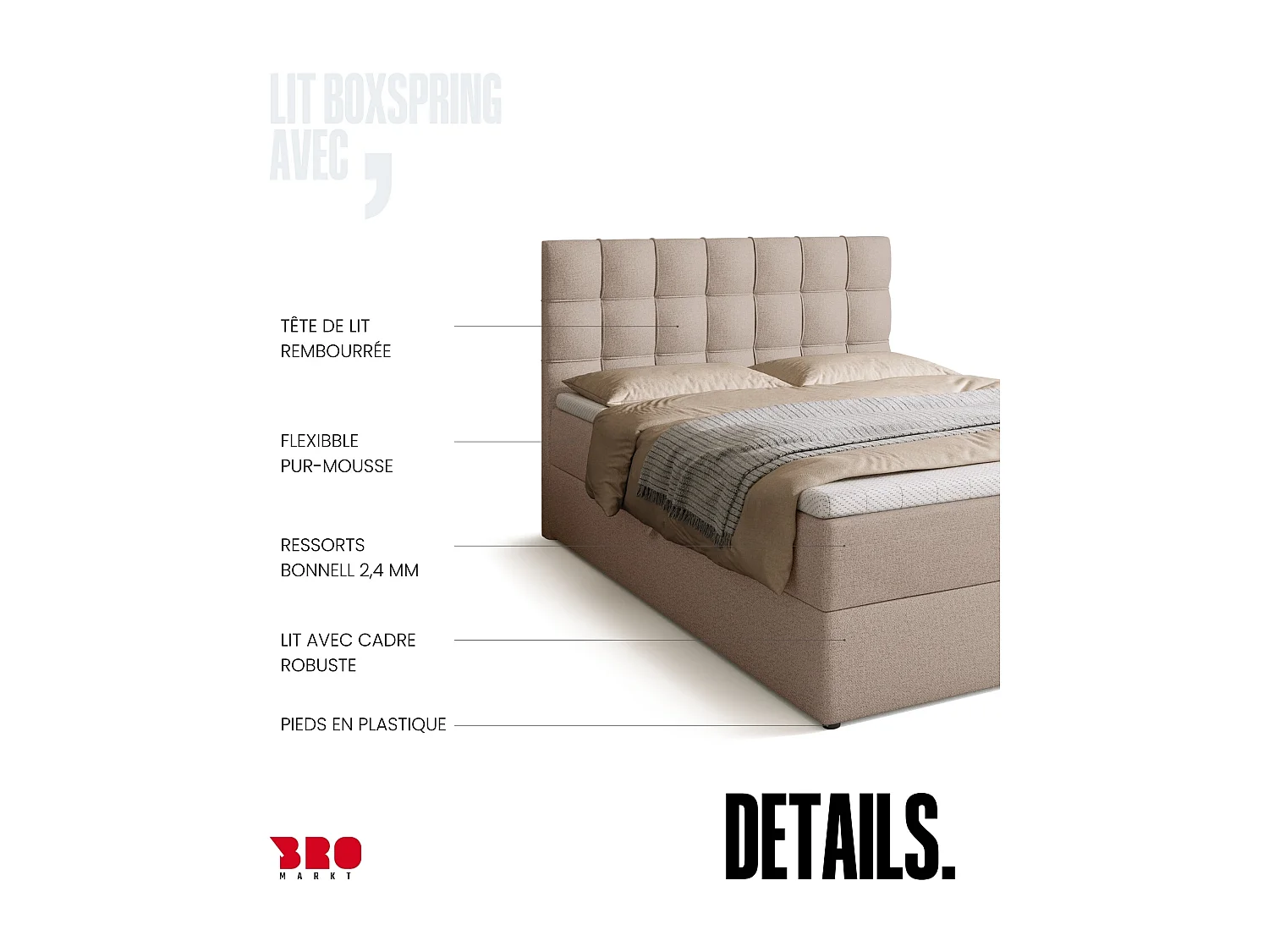 Lit boxspring avec rangement DETROIT - matelas - surmatelas - beige - 140x200 cm