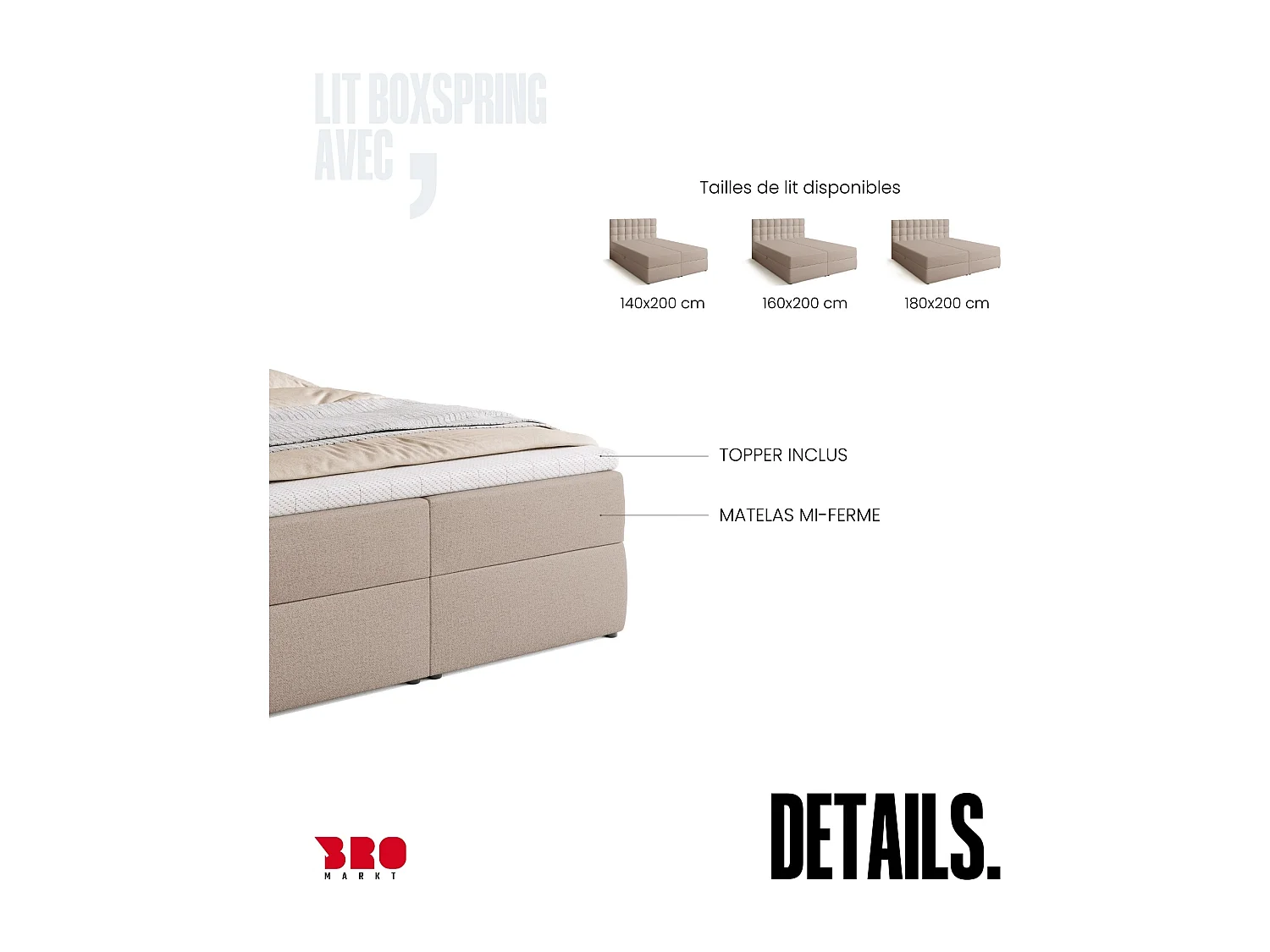 Lit boxspring avec rangement DETROIT - matelas - surmatelas - beige - 140x200 cm