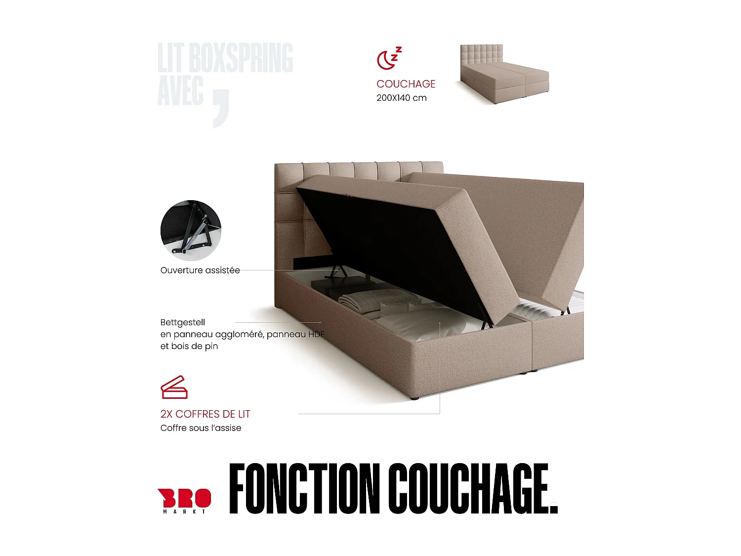 Lit boxspring avec rangement DETROIT - matelas - surmatelas - beige - 140x200 cm