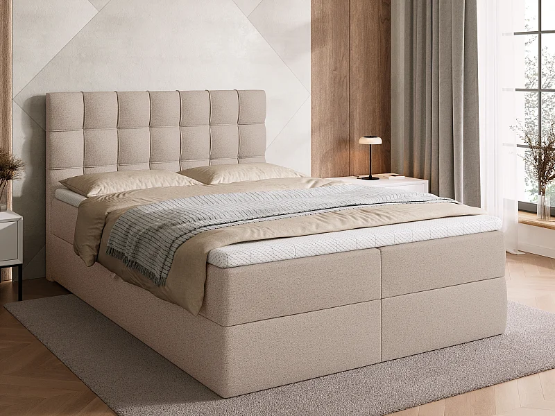 Lit boxspring avec rangement DETROIT - matelas - surmatelas - beige - 140x200 cm
