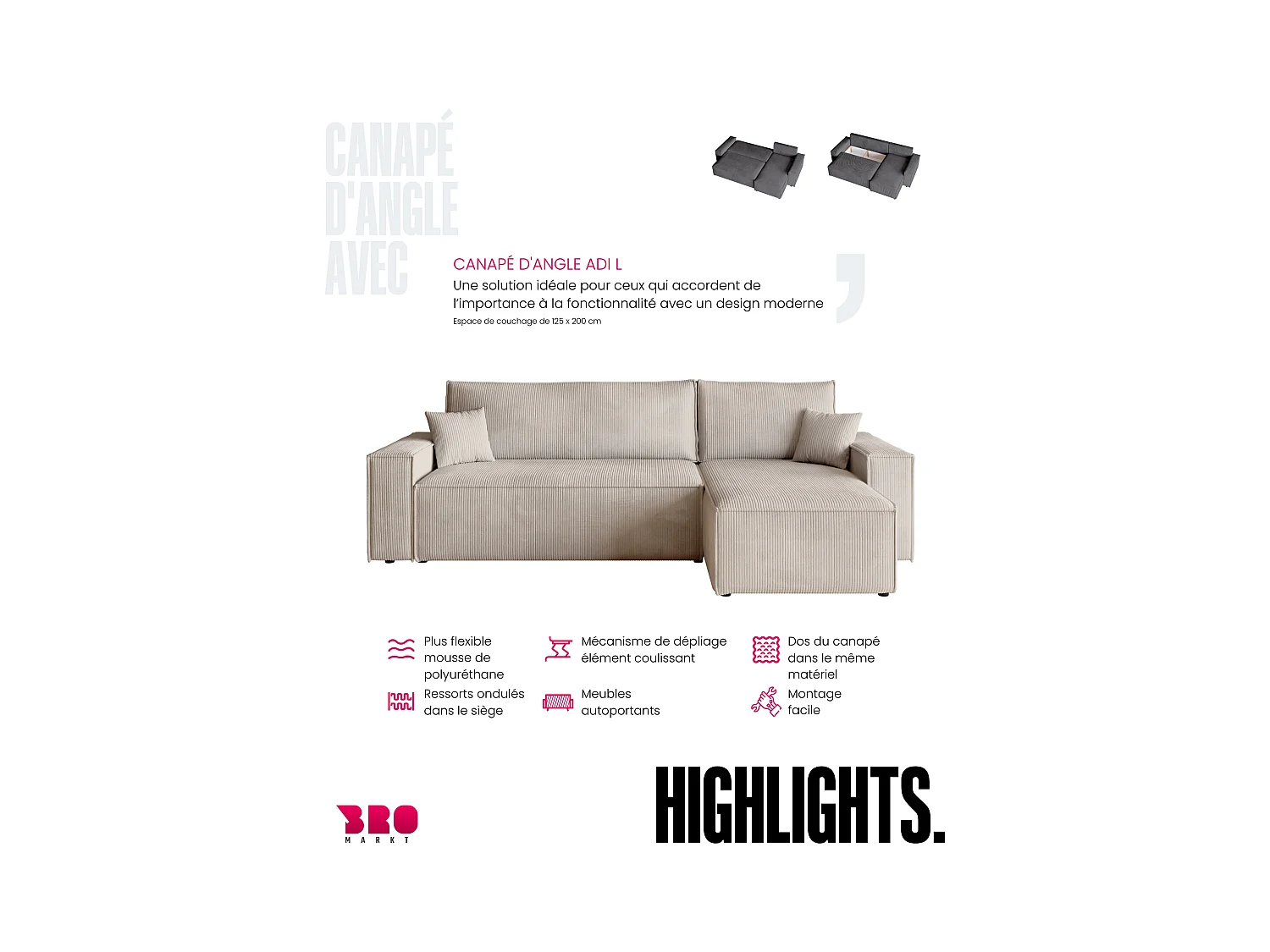 Hoekbank met slaapfunctie vanille ADI L