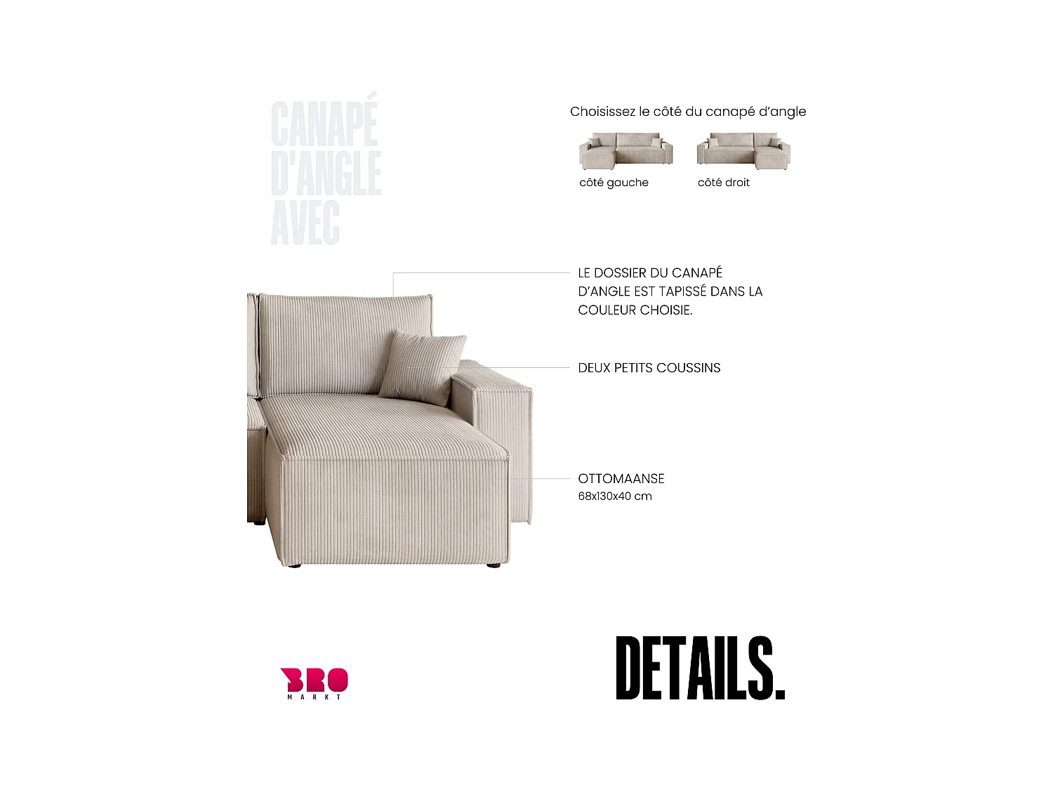 Hoekbank met slaapfunctie vanille ADI L