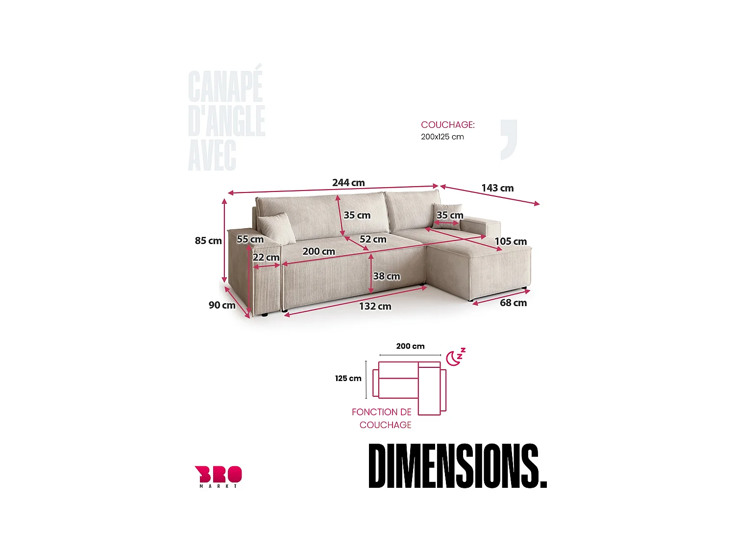 Hoekbank met slaapfunctie vanille ADI L