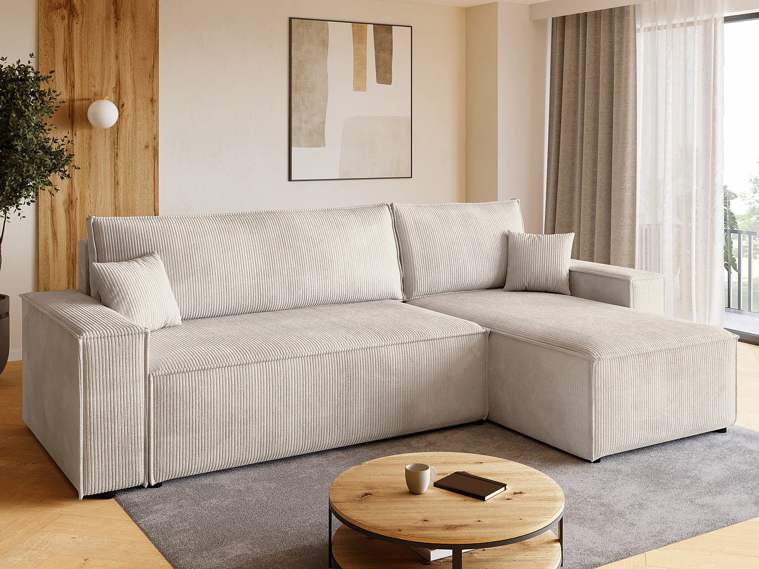 Canapé d'angle convertible en velours côtelé vanille ADI L
