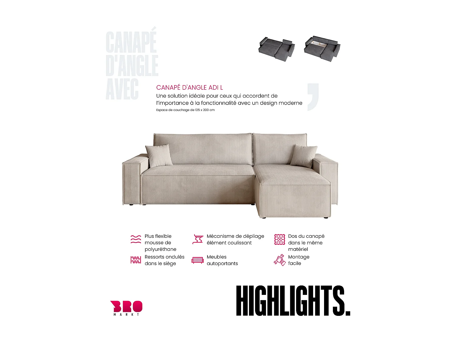 Canapé d'angle convertible en velours côtelé vanille ADI L