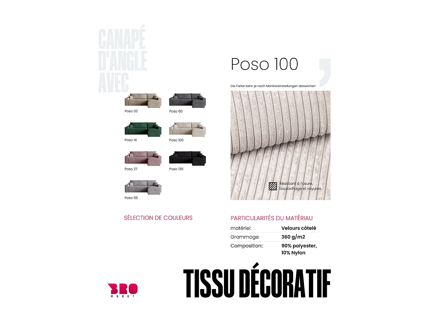 Canapé d'angle convertible en velours côtelé vanille ADI L