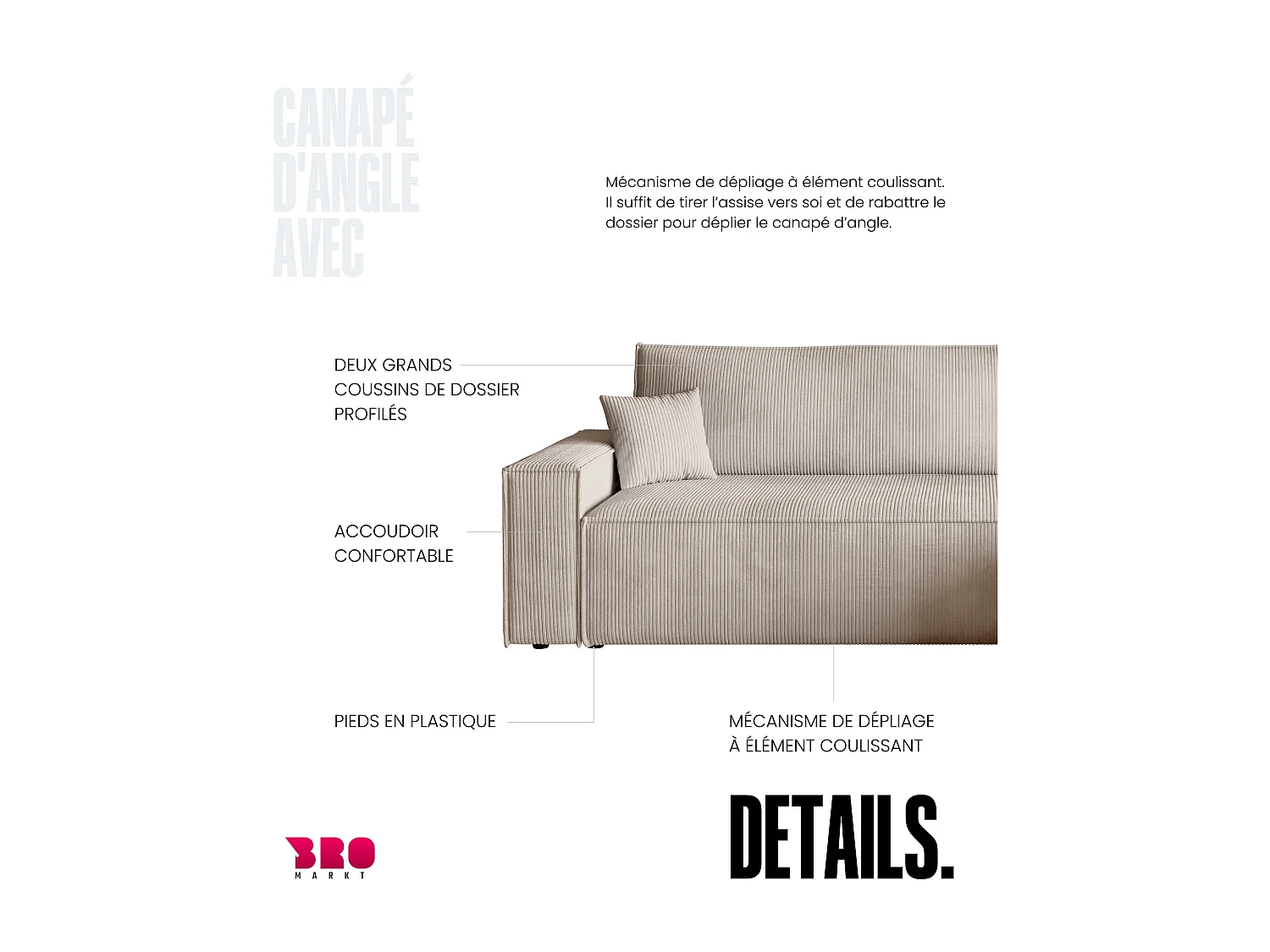 Canapé d'angle convertible en velours côtelé vanille ADI L