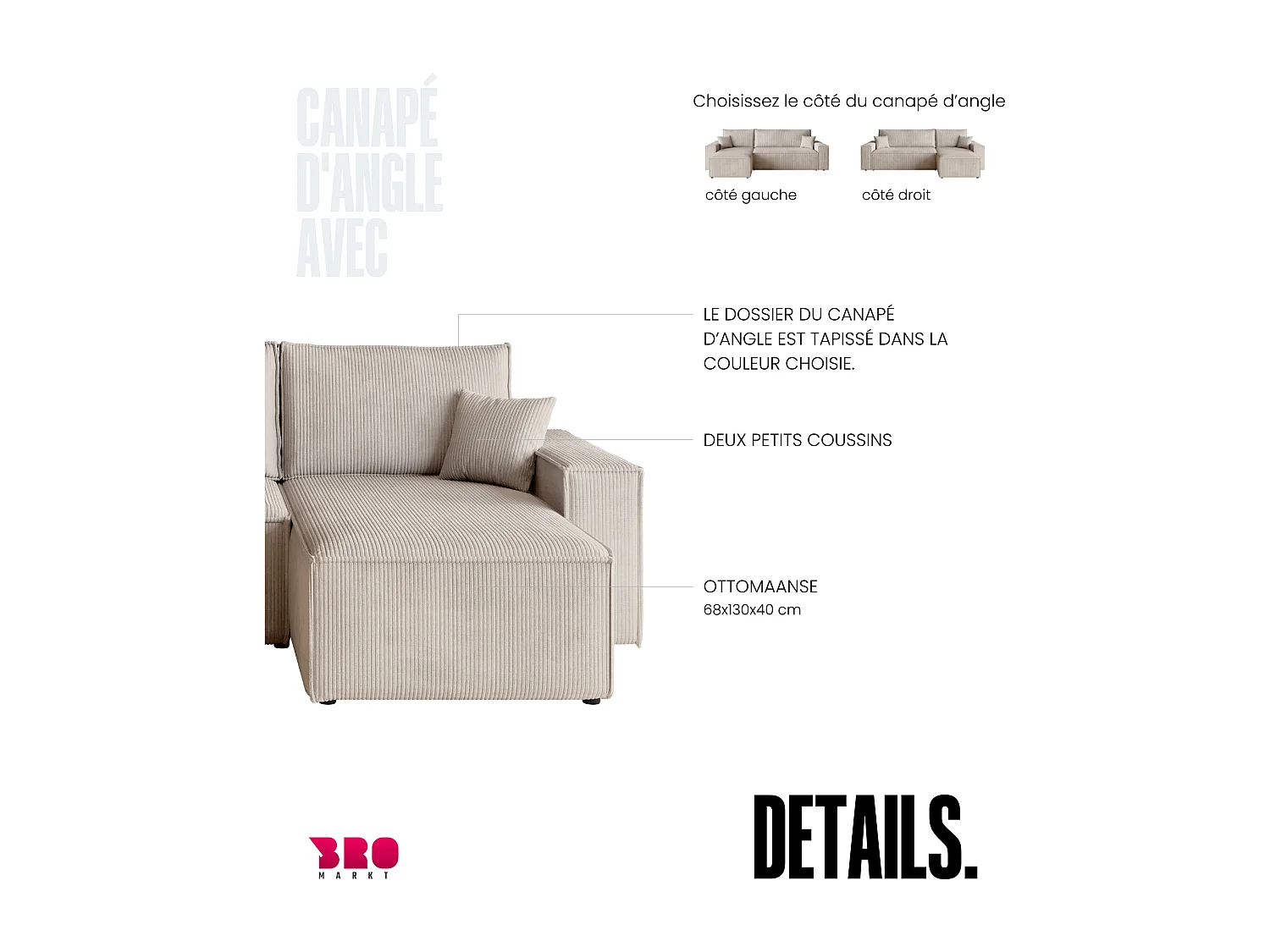 Canapé d'angle convertible en velours côtelé vanille ADI L