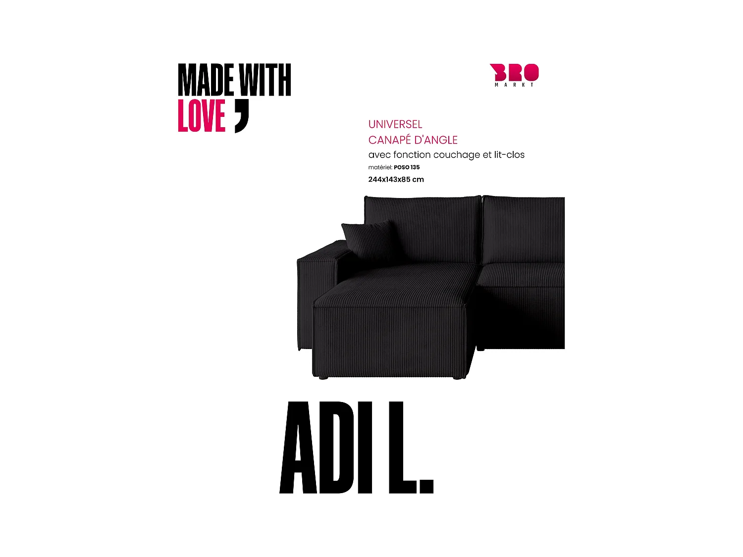 Canapé d'angle convertible en velours côtelé noir ADI L