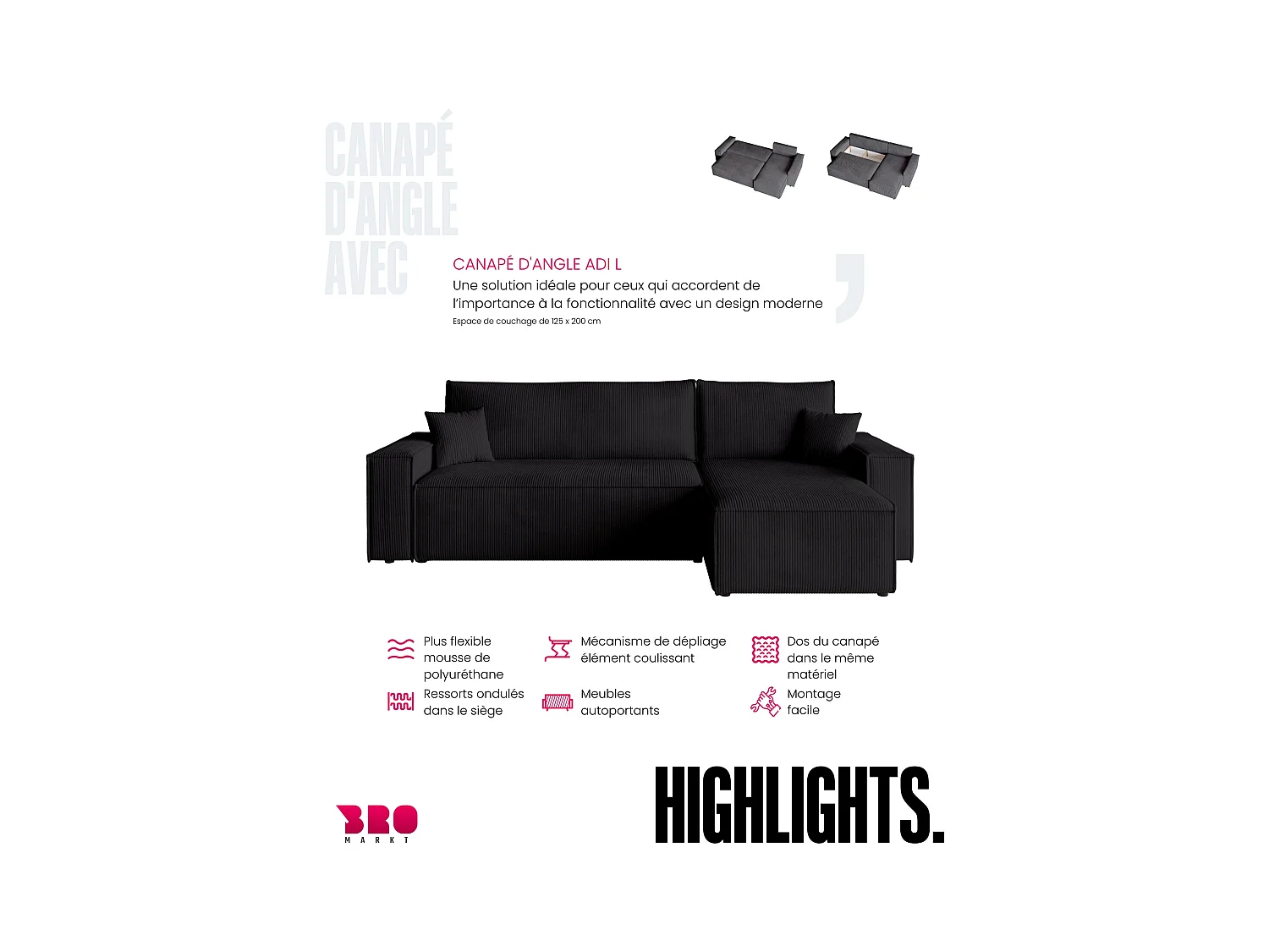 Canapé d'angle convertible en velours côtelé noir ADI L