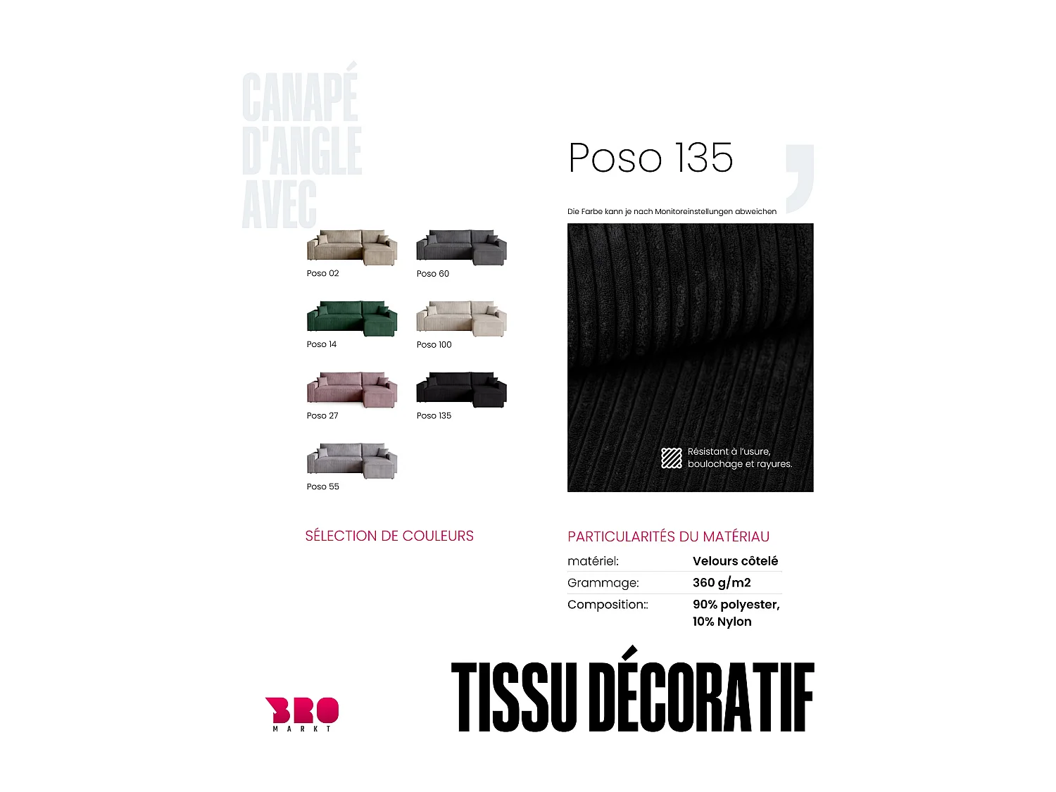 Canapé d'angle convertible en velours côtelé noir ADI L