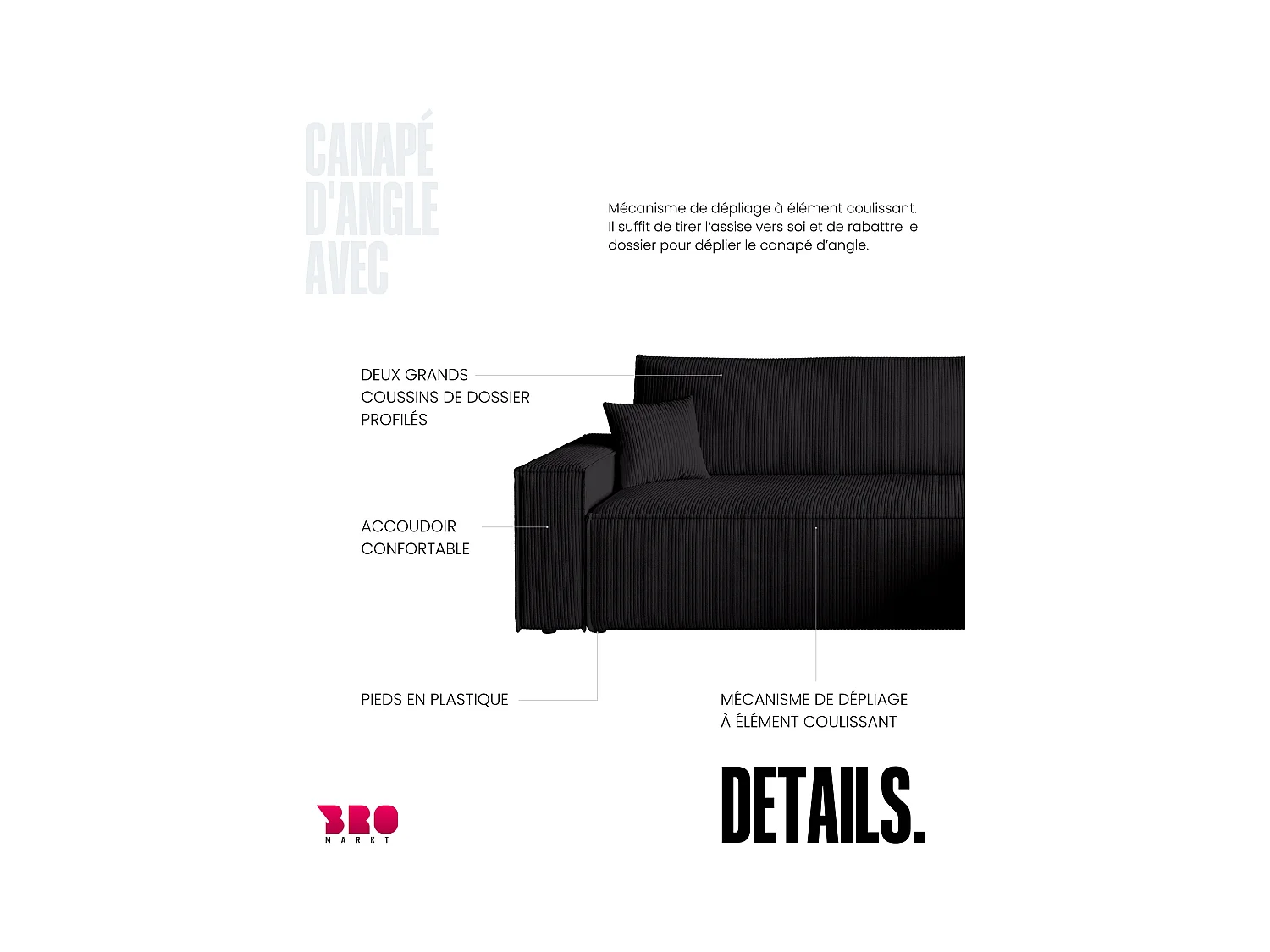 Canapé d'angle convertible en velours côtelé noir ADI L