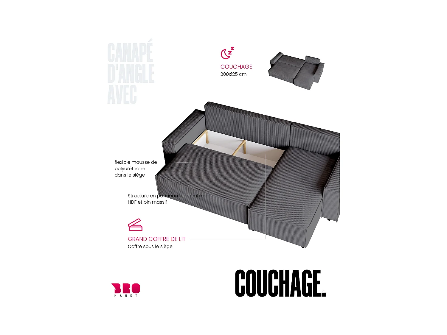 Canapé d'angle convertible en velours côtelé noir ADI L