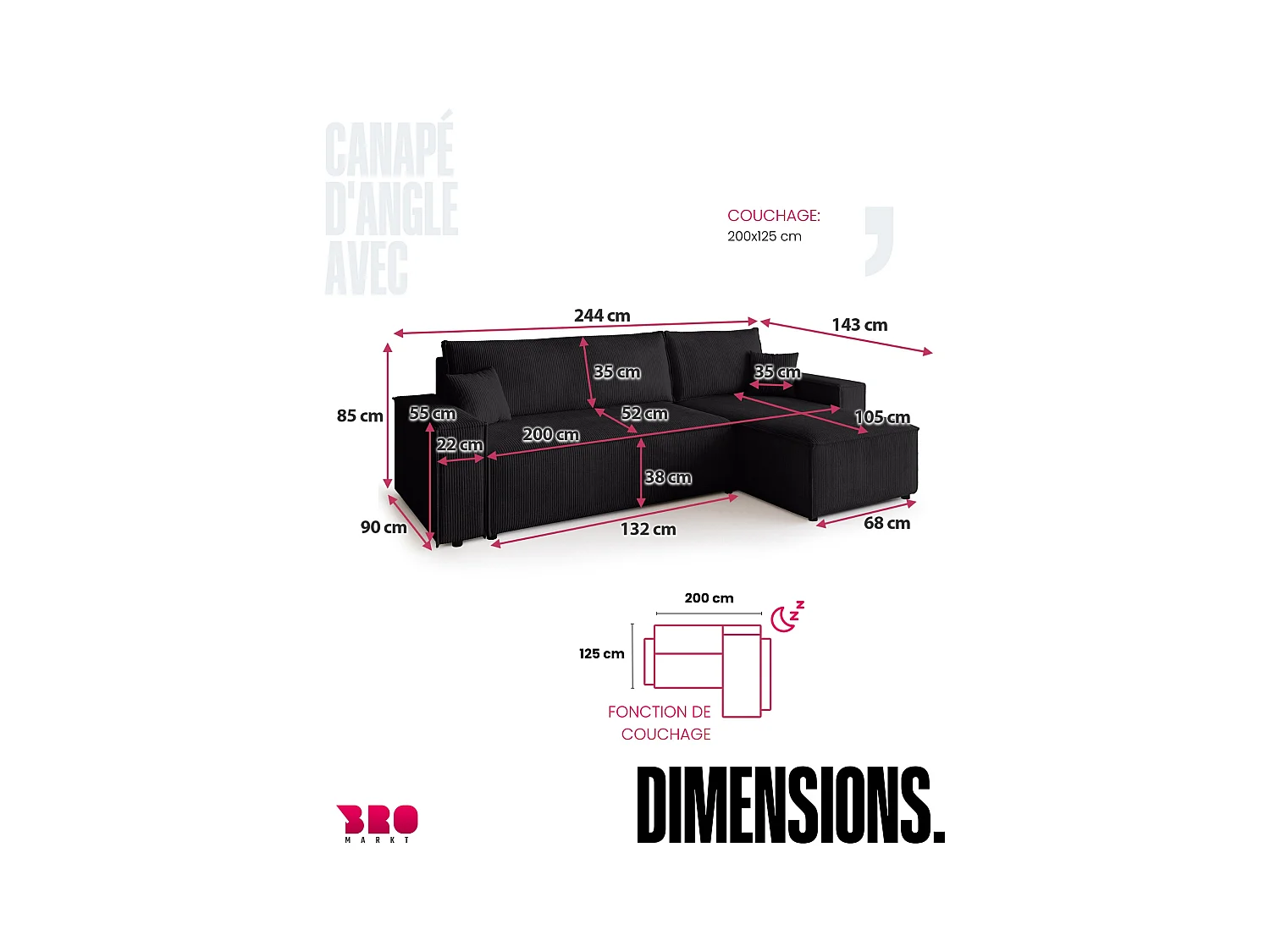 Canapé d'angle convertible en velours côtelé noir ADI L