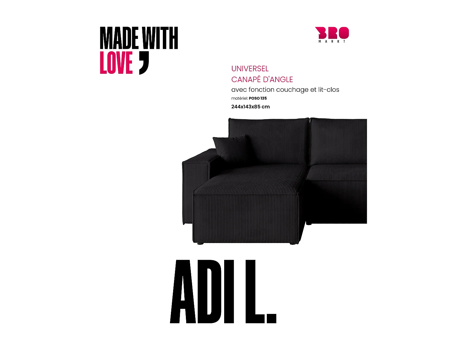 Canapé d'angle convertible en velours côtelé noir ADI L