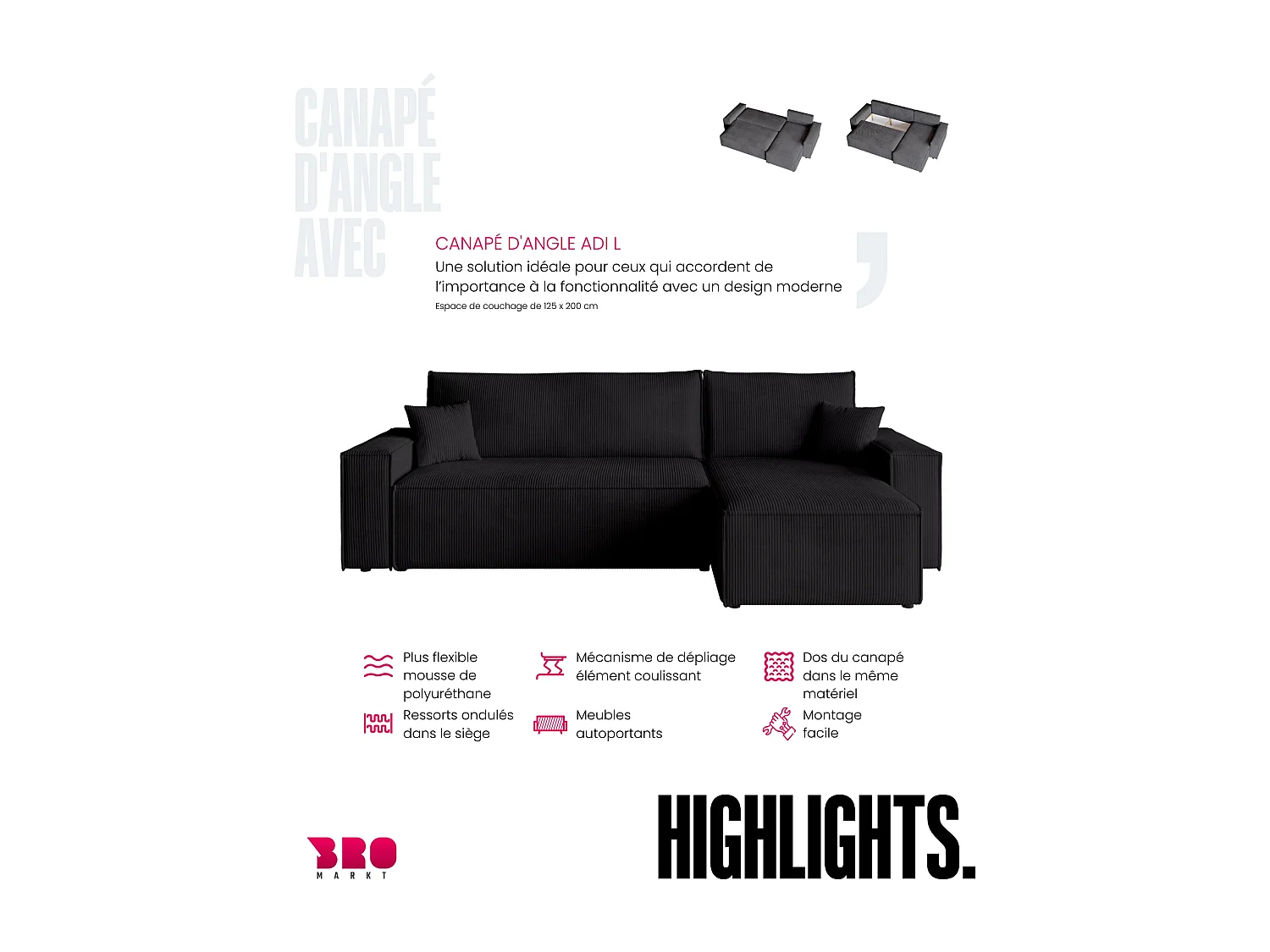 Canapé d'angle convertible en velours côtelé noir ADI L