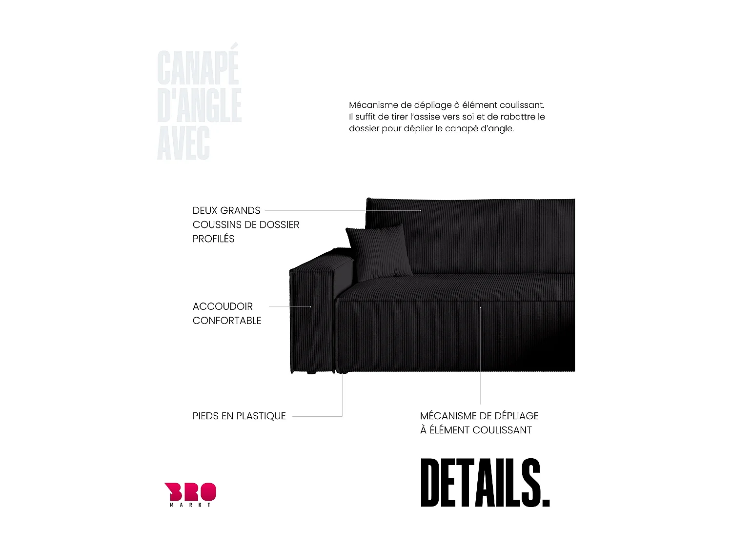 Canapé d'angle convertible en velours côtelé noir ADI L