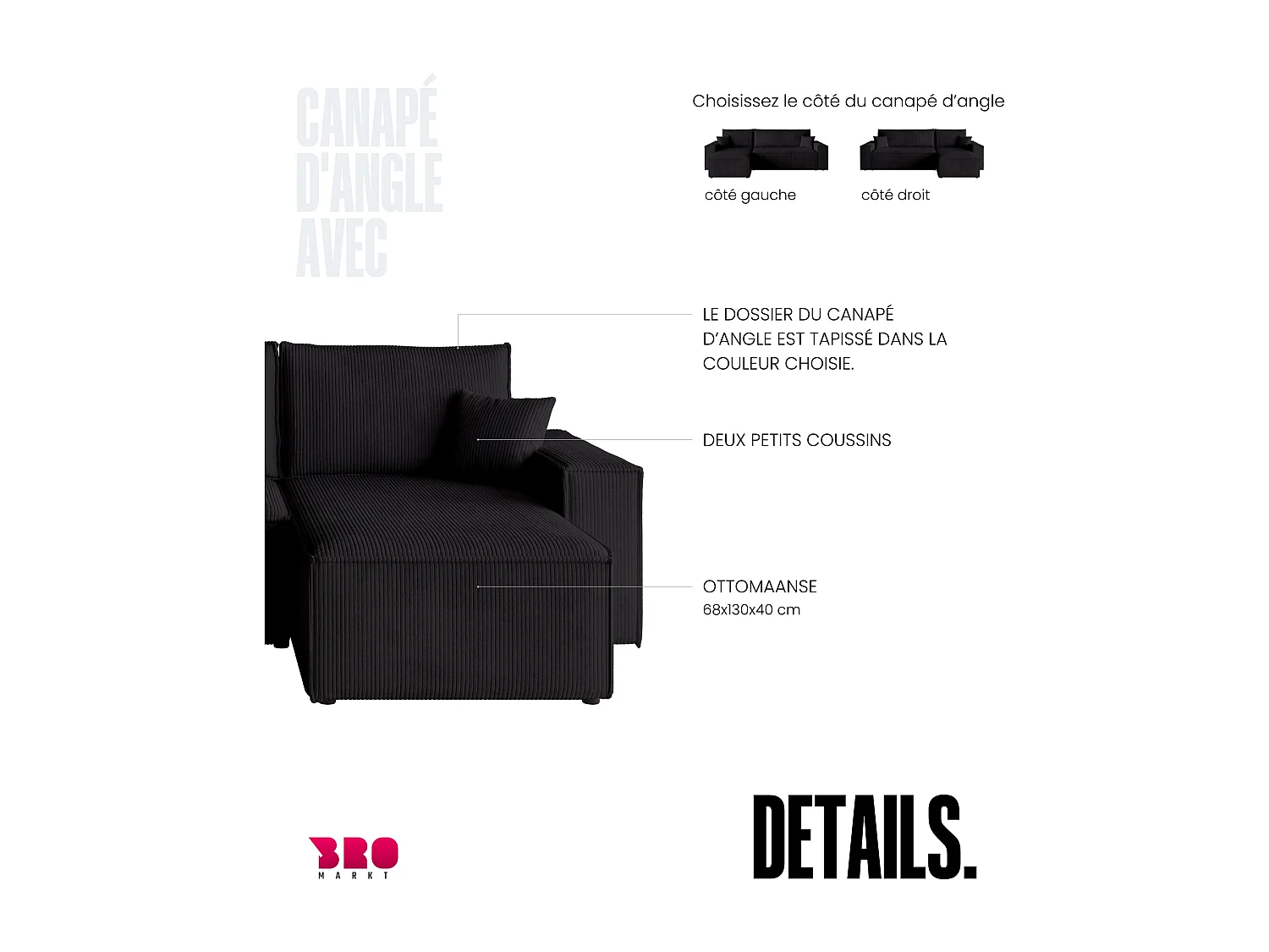 Canapé d'angle convertible en velours côtelé noir ADI L