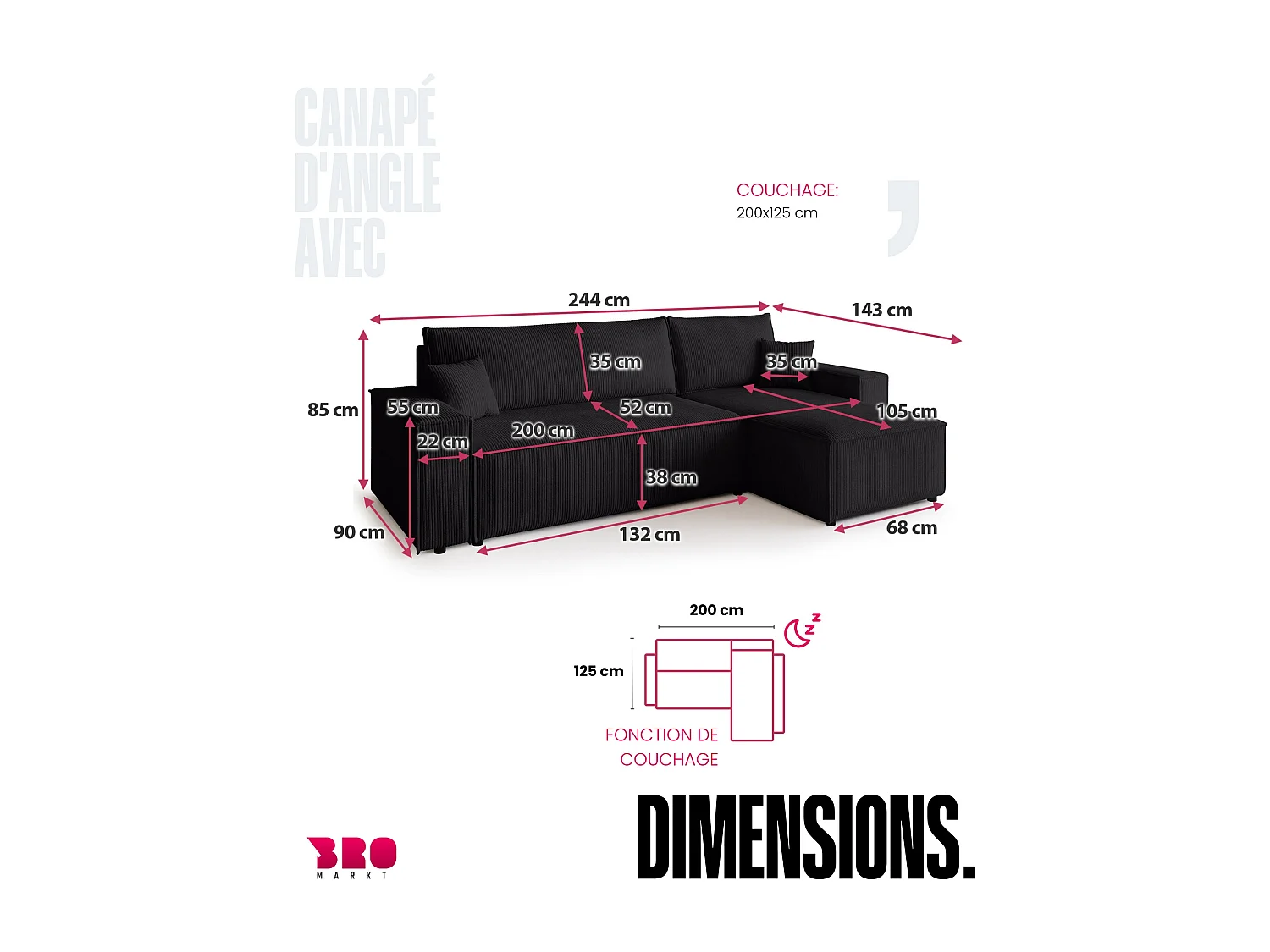 Canapé d'angle convertible en velours côtelé noir ADI L