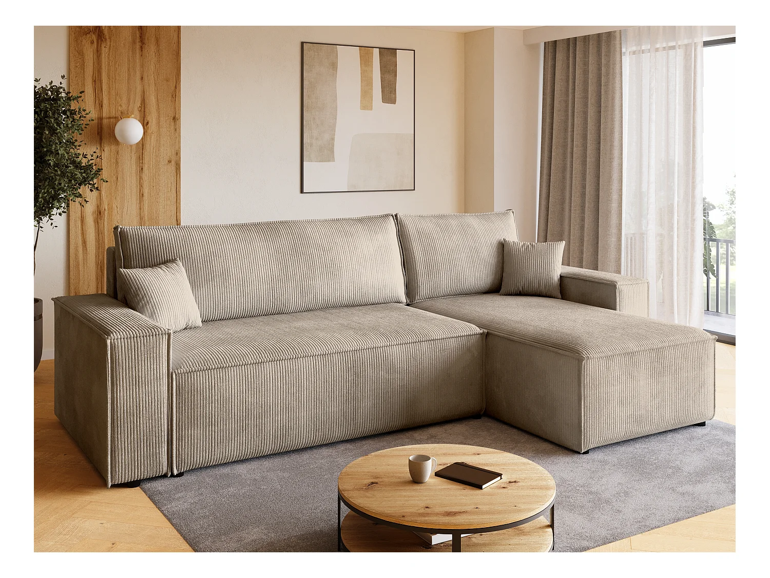 Canapé d'angle convertible en velours côtelé beige ADI L